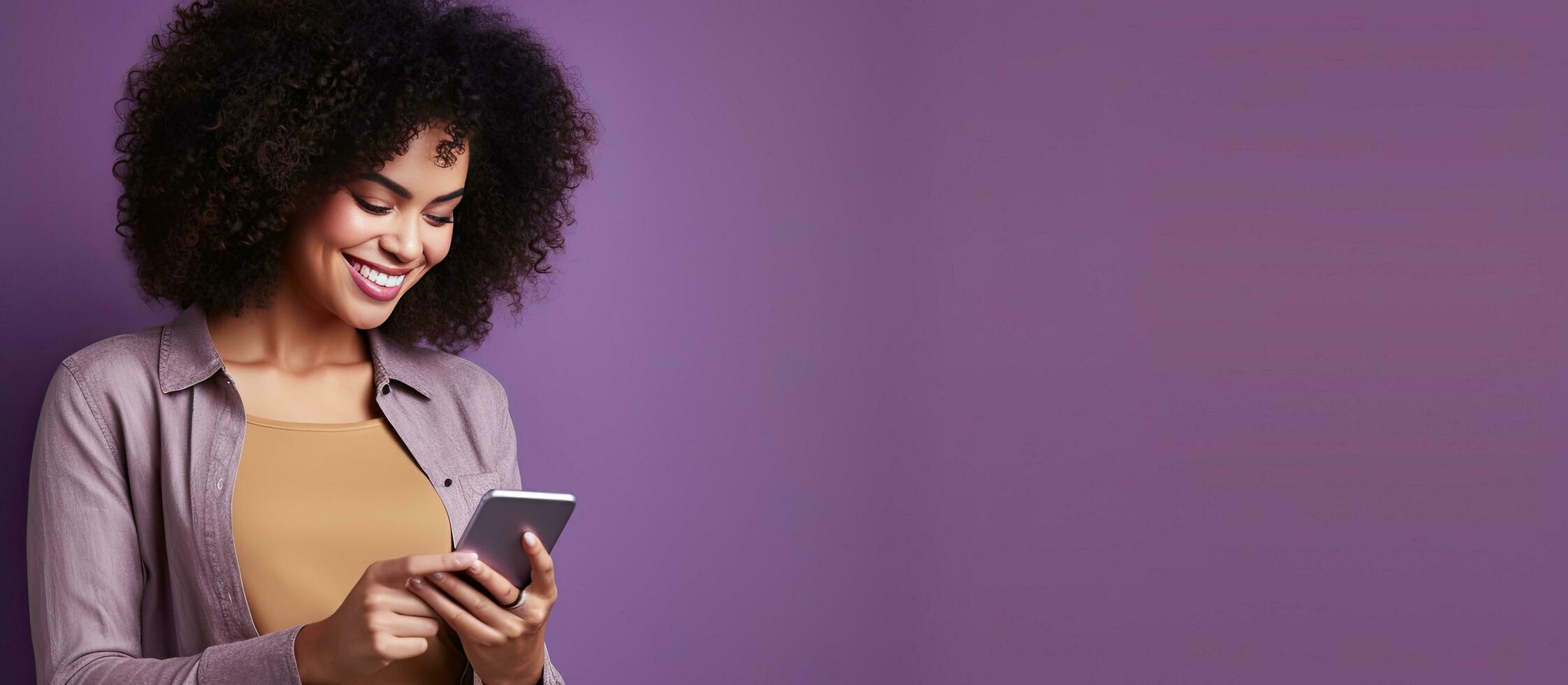 Woman with curly hair happily edits photo from dating app on mobile phone isolated on violet wall