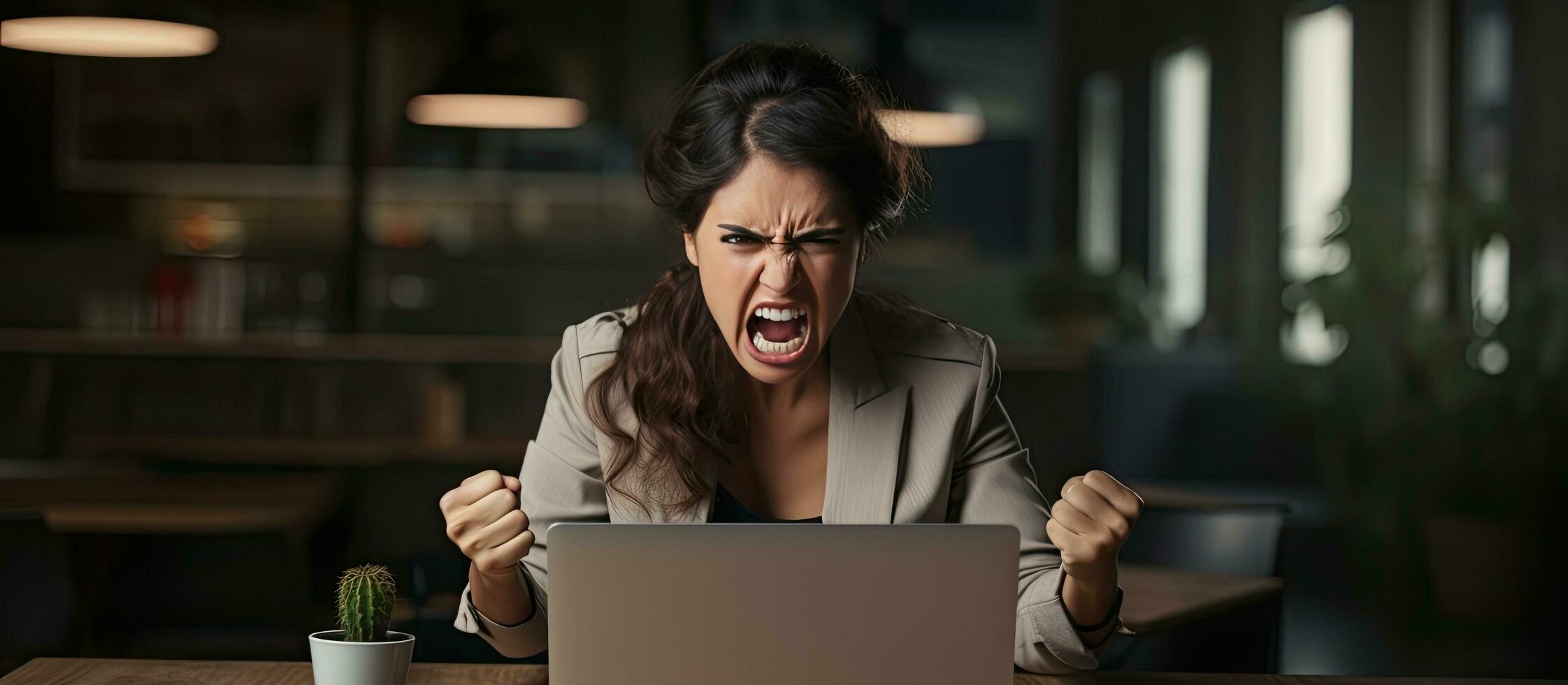 Frowning businesswoman working on laptop receiving video call or reading emails sitting at coworking space photo