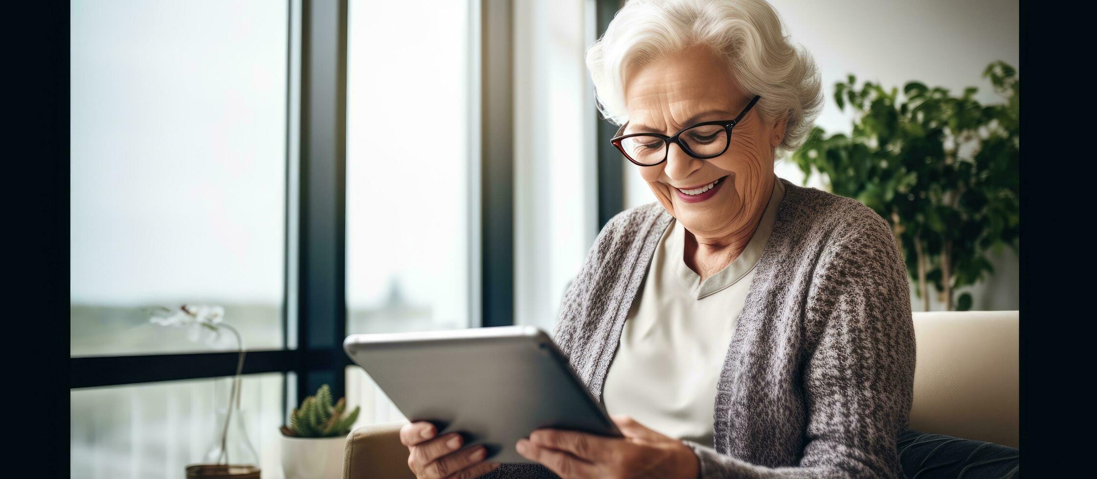Elderly lady with glasses smiling using a tablet at home browsing internet or watching videos photo