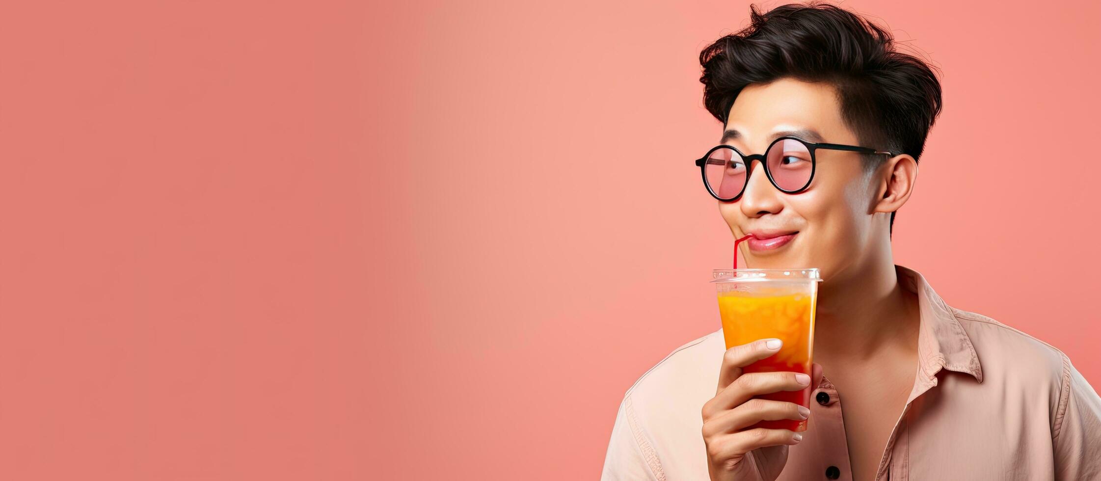 Asian man drinking boba tea and observing empty area photo