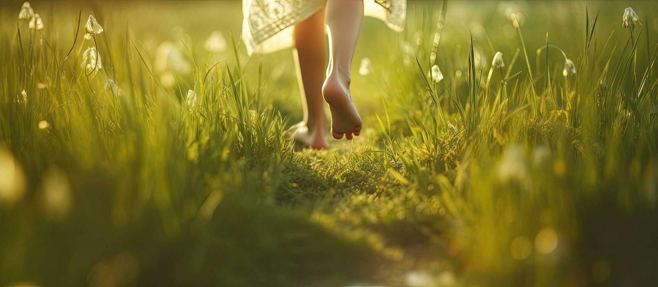 Happy child running barefoot outdoors on green grass at sunset representing the concept of a joyful childhood photo