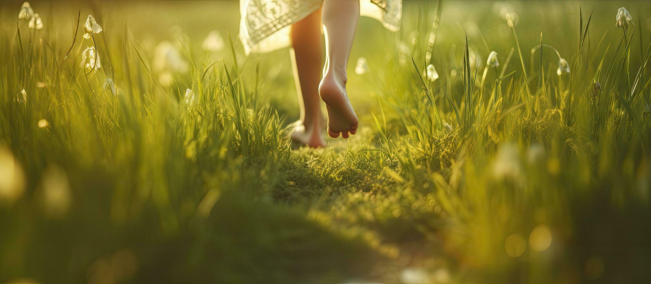 contento niño corriendo descalzo al aire libre en verde césped a puesta de sol representando el concepto de un alegre infancia foto