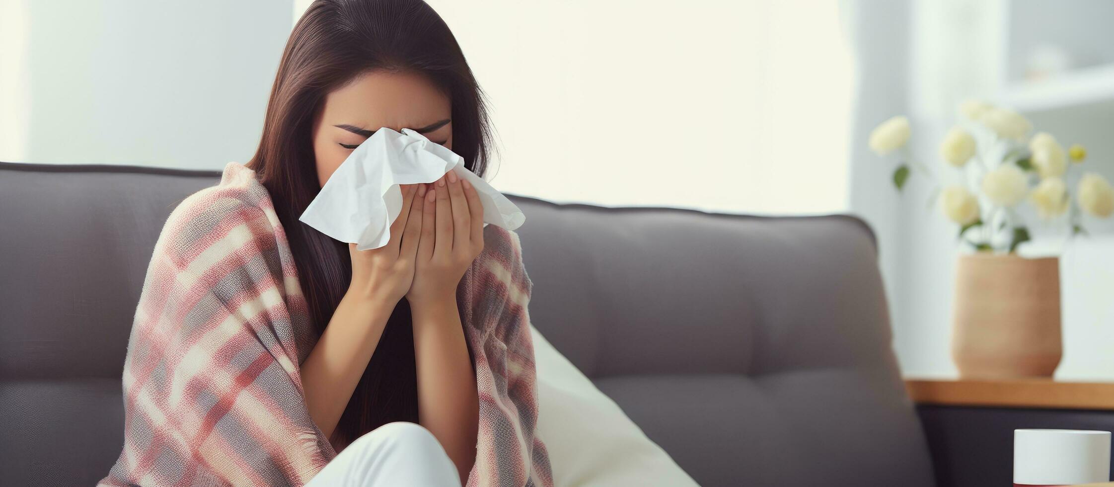 Closeup of a young Asian woman with health issues sitting on a couch and using a tissue for her runny nose indicating possible health conditions like s photo