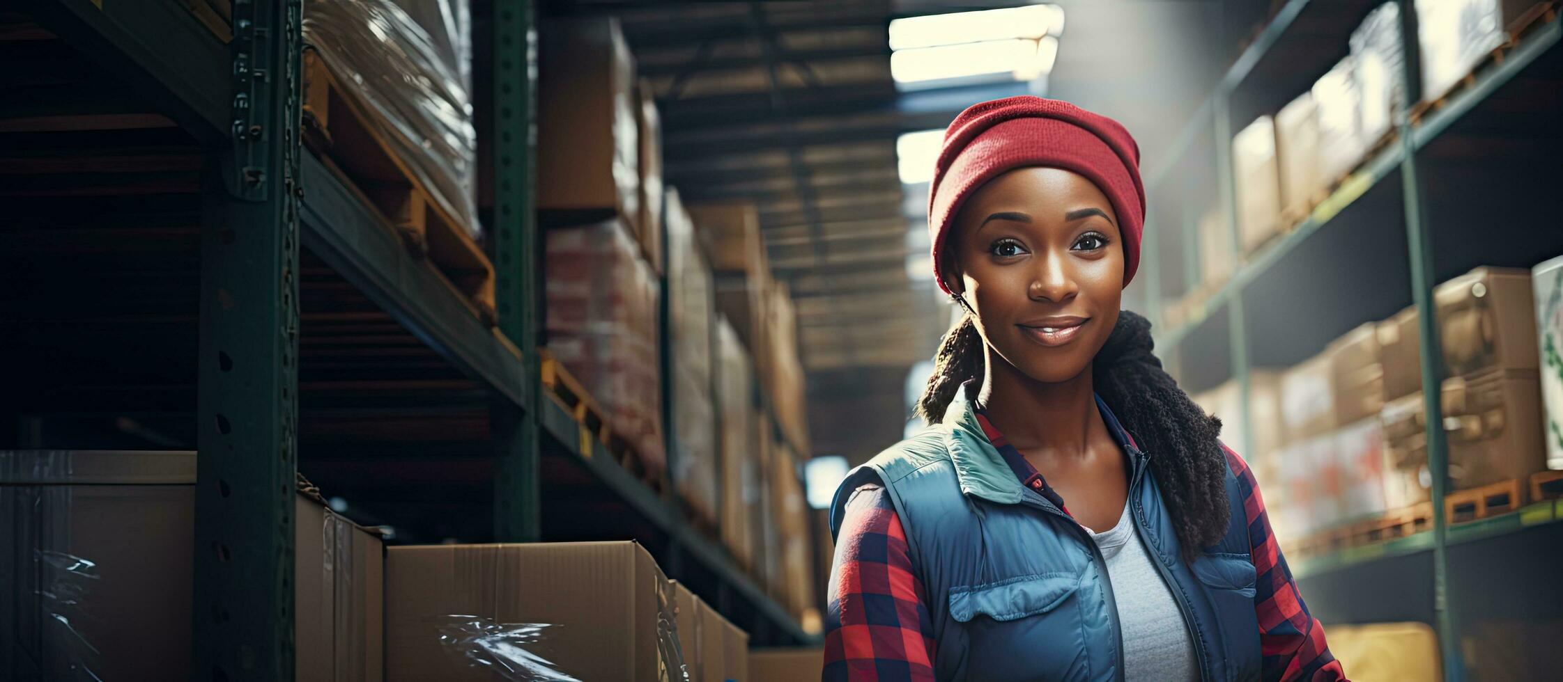 African woman using a forklift in a textile warehouse photo