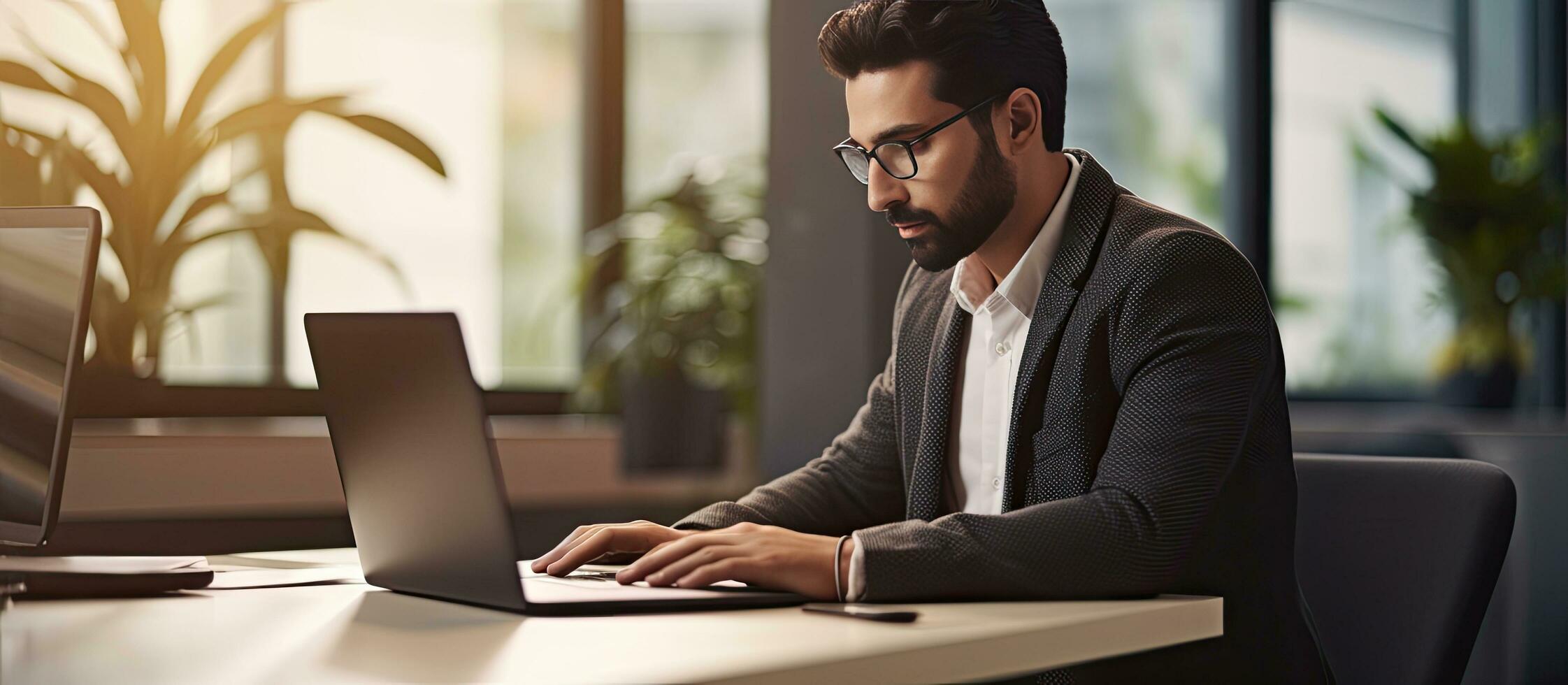 Middle eastern businessman at office typing on computer working on marketing research photo