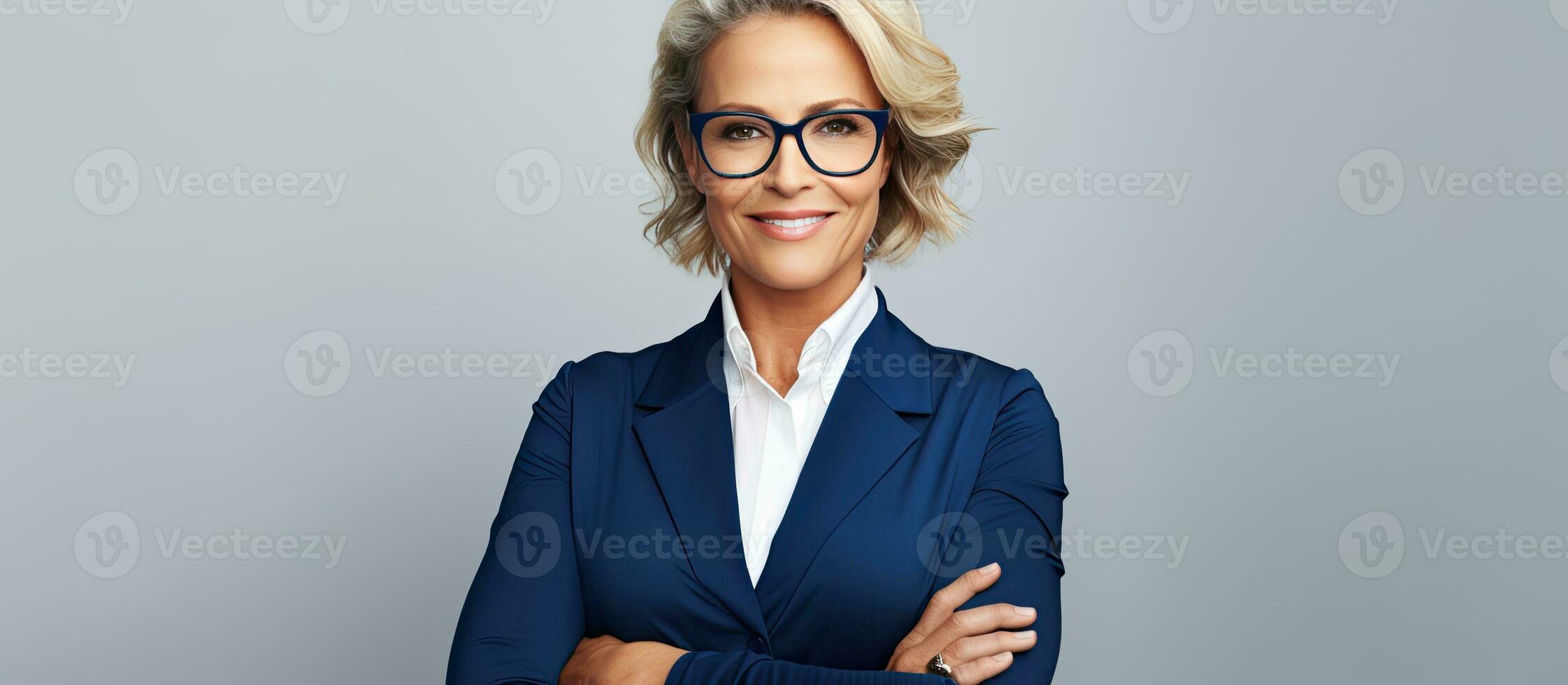rubia mujer de negocios en su 40s usa formal atuendo lentes y aparece confidente participación cruzado manos foto