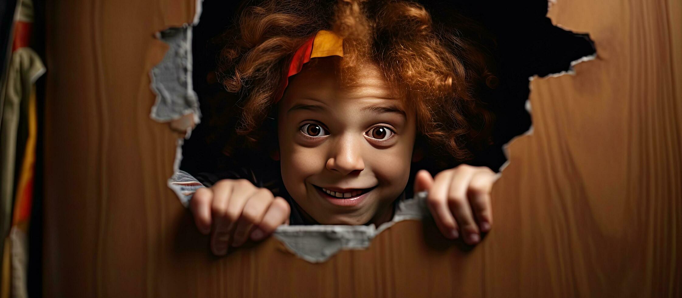 Child playing at home looking through cardboard hole April Fool s concept photo