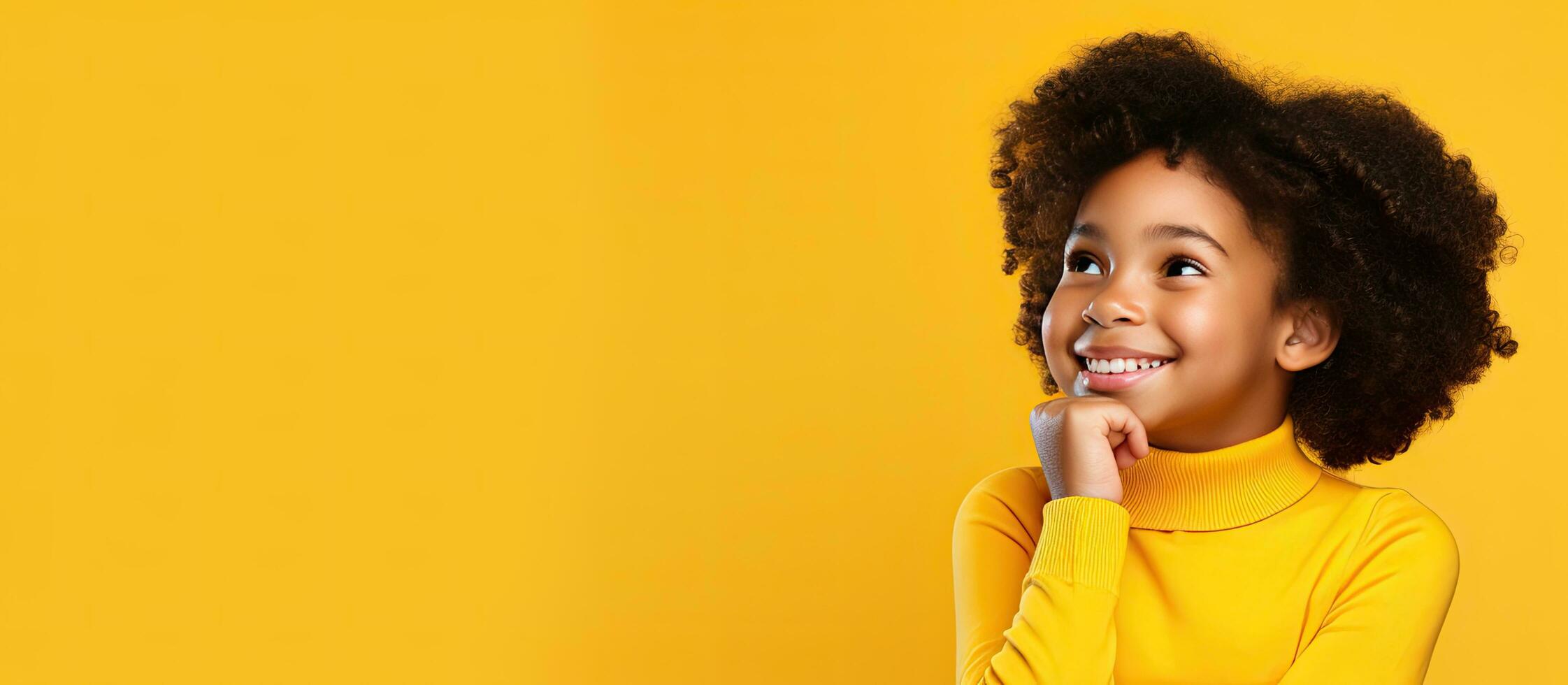 Thoughtful smiling Black girl on yellow background looks at empty space Happy mixed race teenager considers a great sale or promotion Ad idea photo