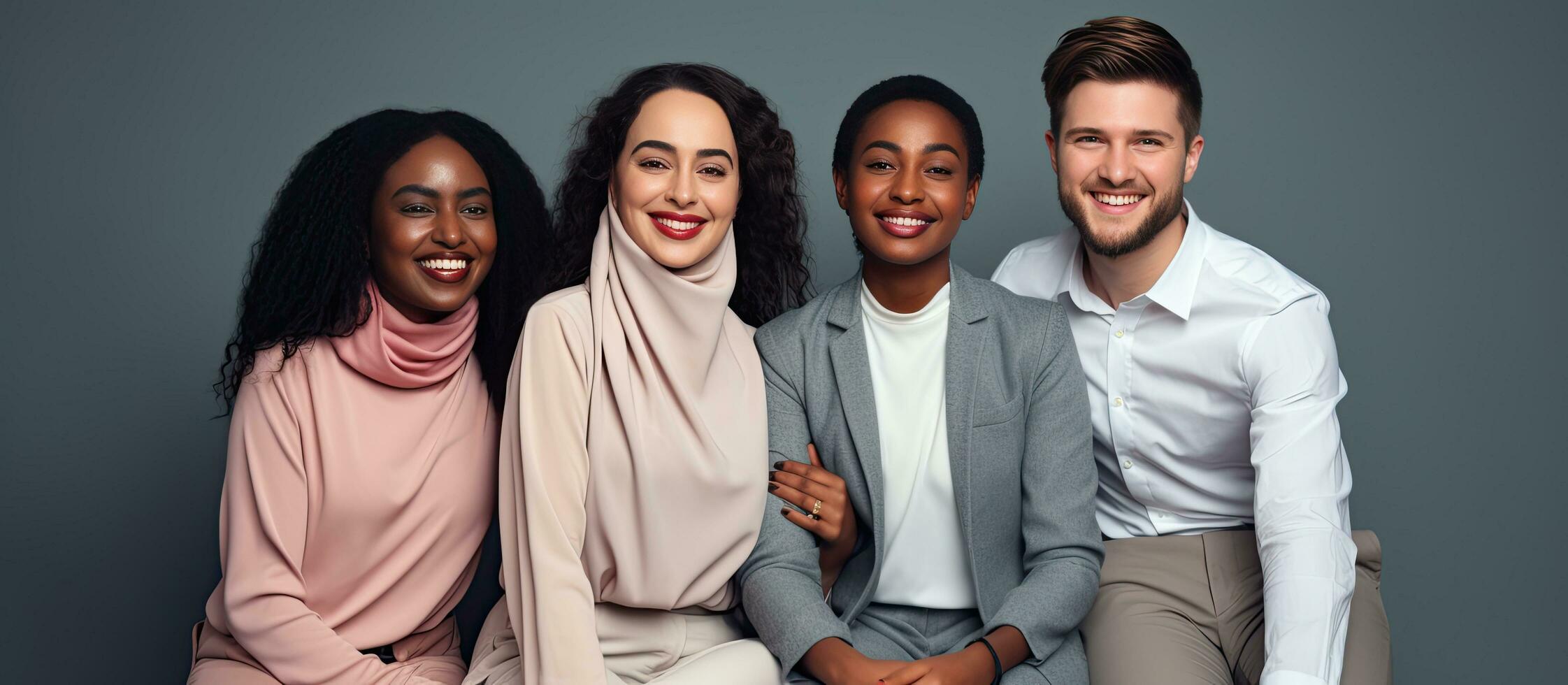 Four young professionals from different backgrounds pose near a grey wall for an ad about the new concept of a diverse workforce photo