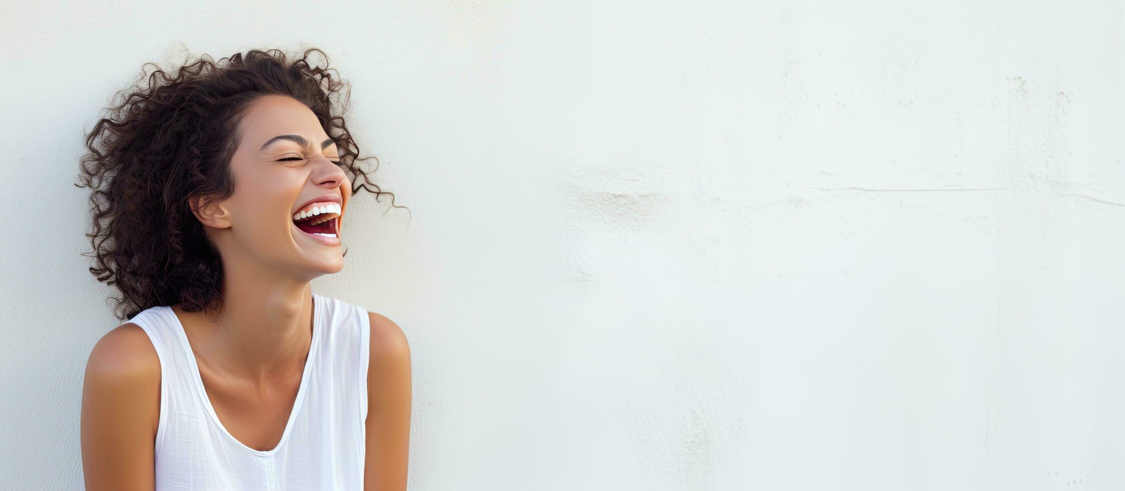 A young woman finds something amusing and leans against a white wall photo