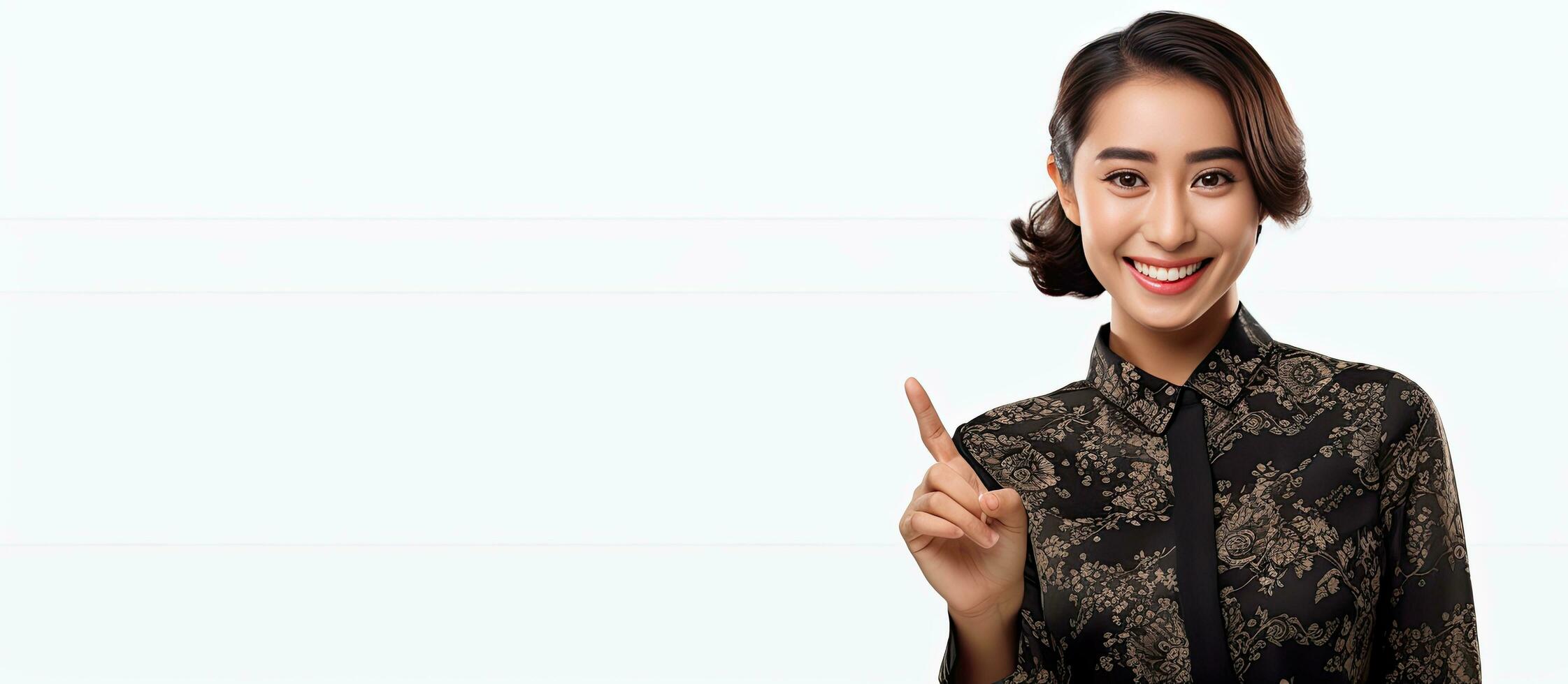 Content Indonesian or Asian woman in black batik clothing gestures upwards smiling and pleased with product on a white backdrop photo