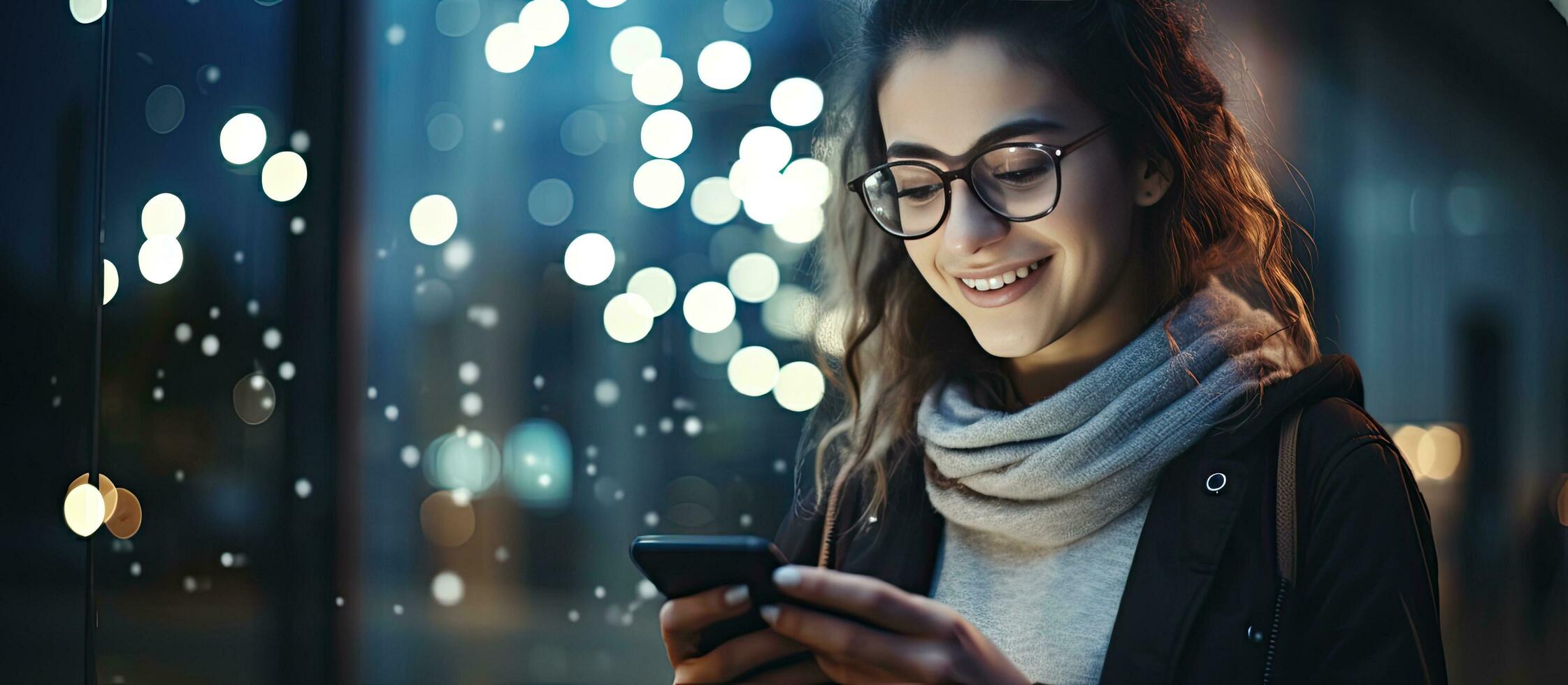 A Caucasian woman is smiling while sending a message on her smartphone in front of a promotional background She is a positive trendy girl blogging on s photo