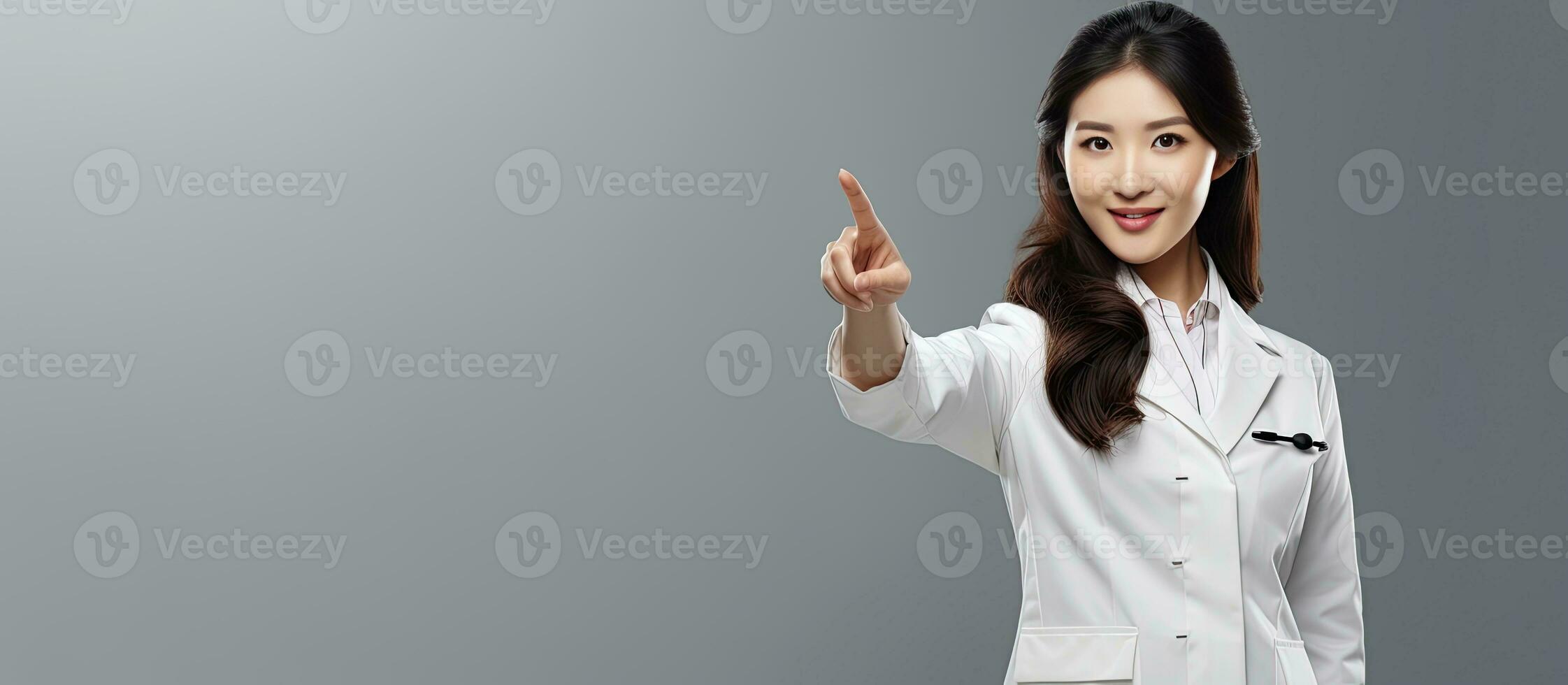 Asian doctor pointing with hand on copy space studio shot isolated on a gray background photo