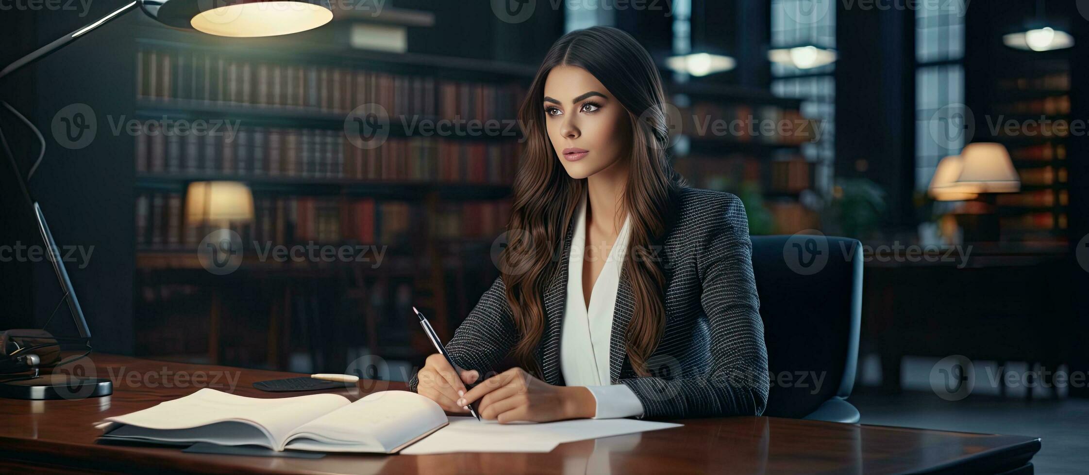 Beautiful brunette student working in a modern office next to a laptop with copy space photo