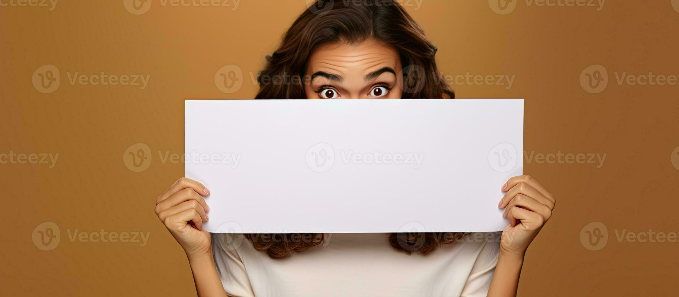 Humorous image of a happy girl with an empty white sign on a brown background photo