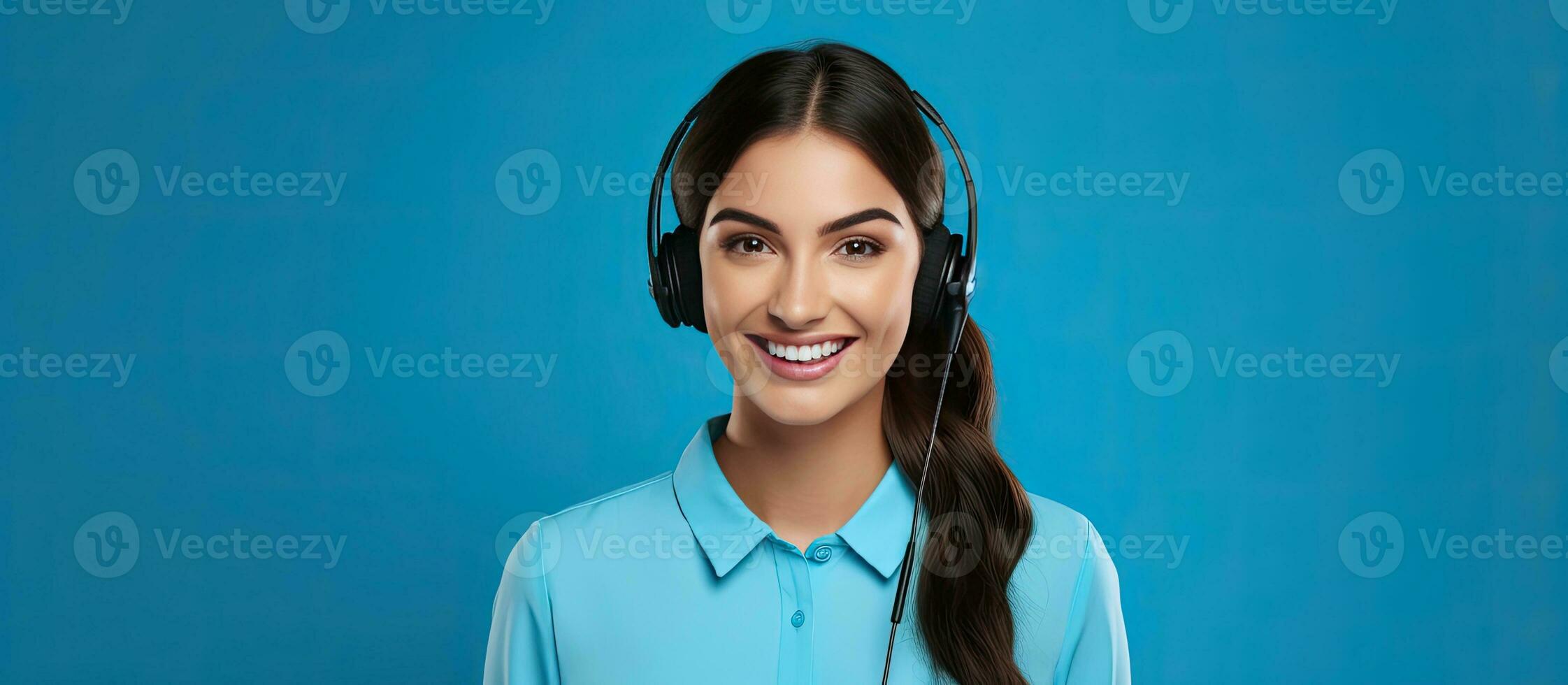 Cheerful girl with copy space showing as help desk service isolated on blue background photo