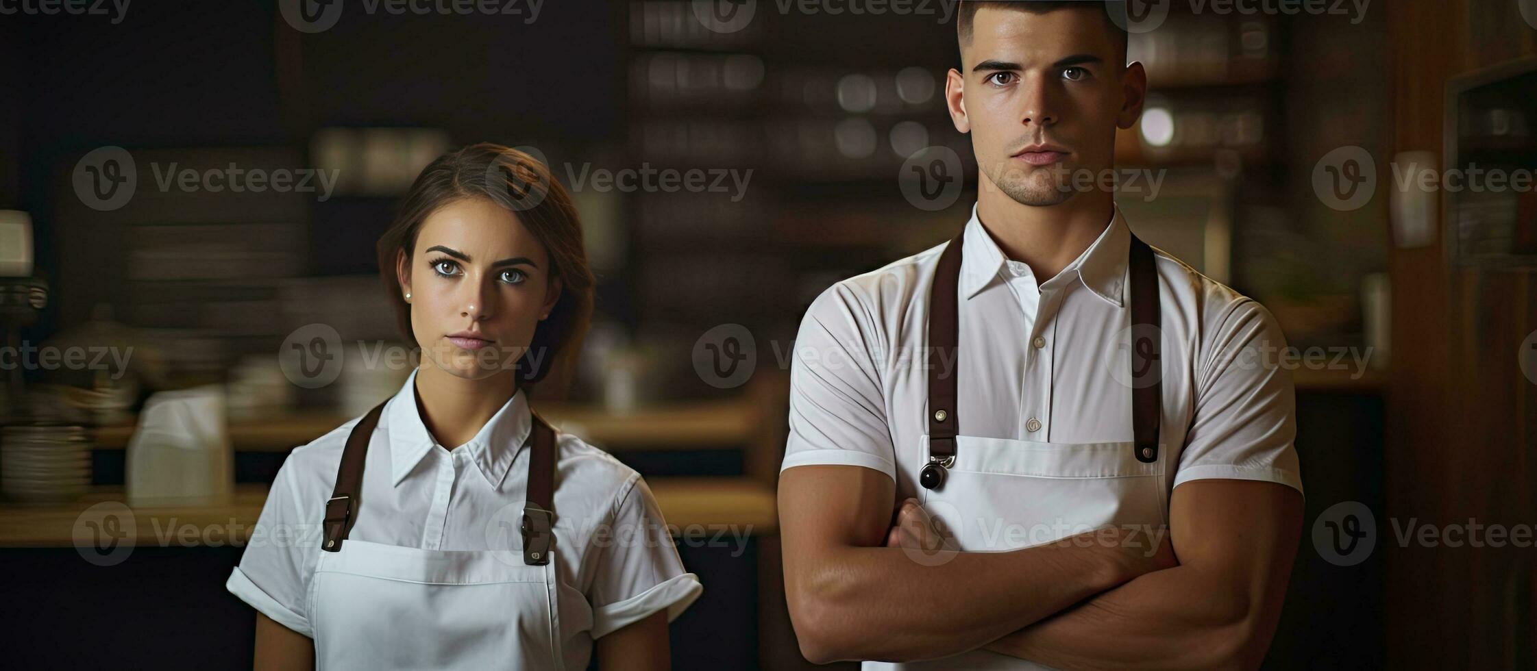 Two young waiters in aprons doing inventory in cafe copy space waist up photo