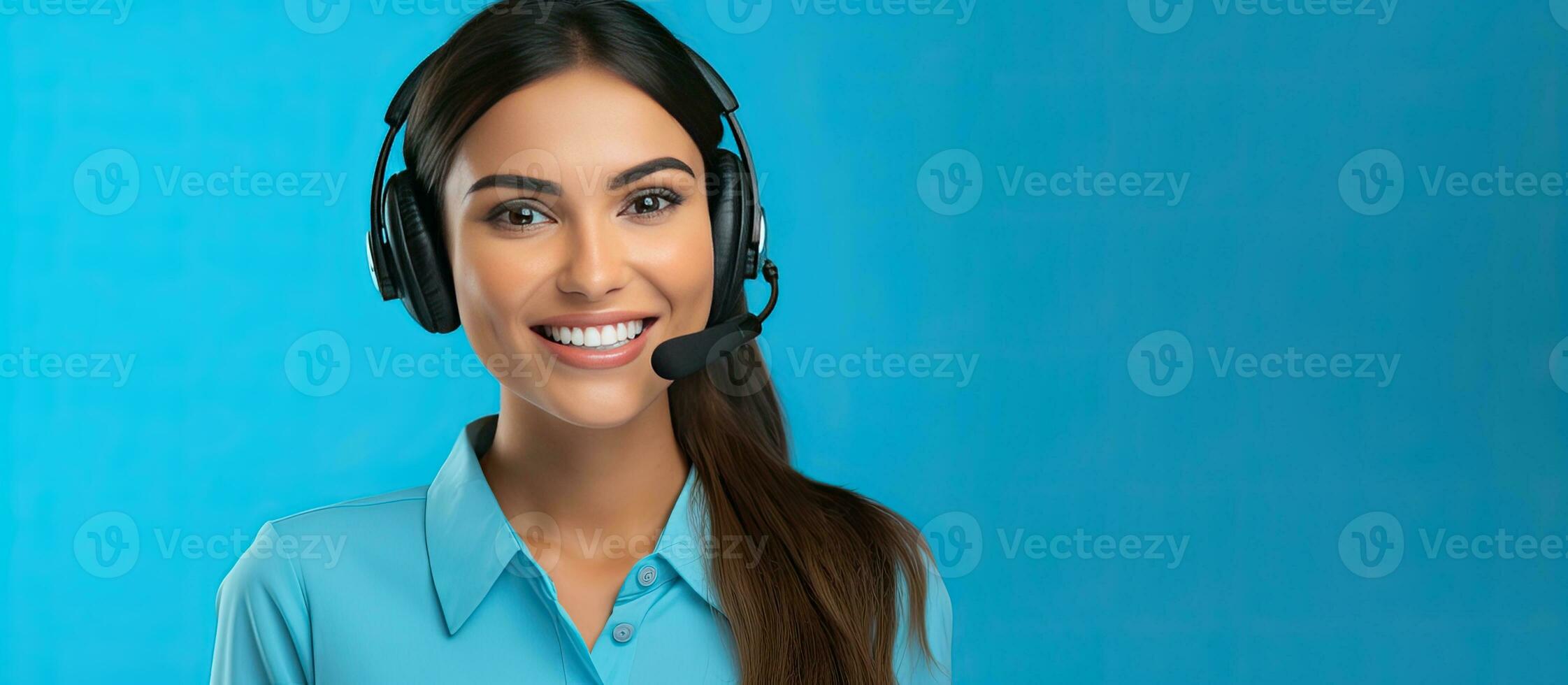 Cheerful girl with copy space showing as help desk service isolated on blue background photo