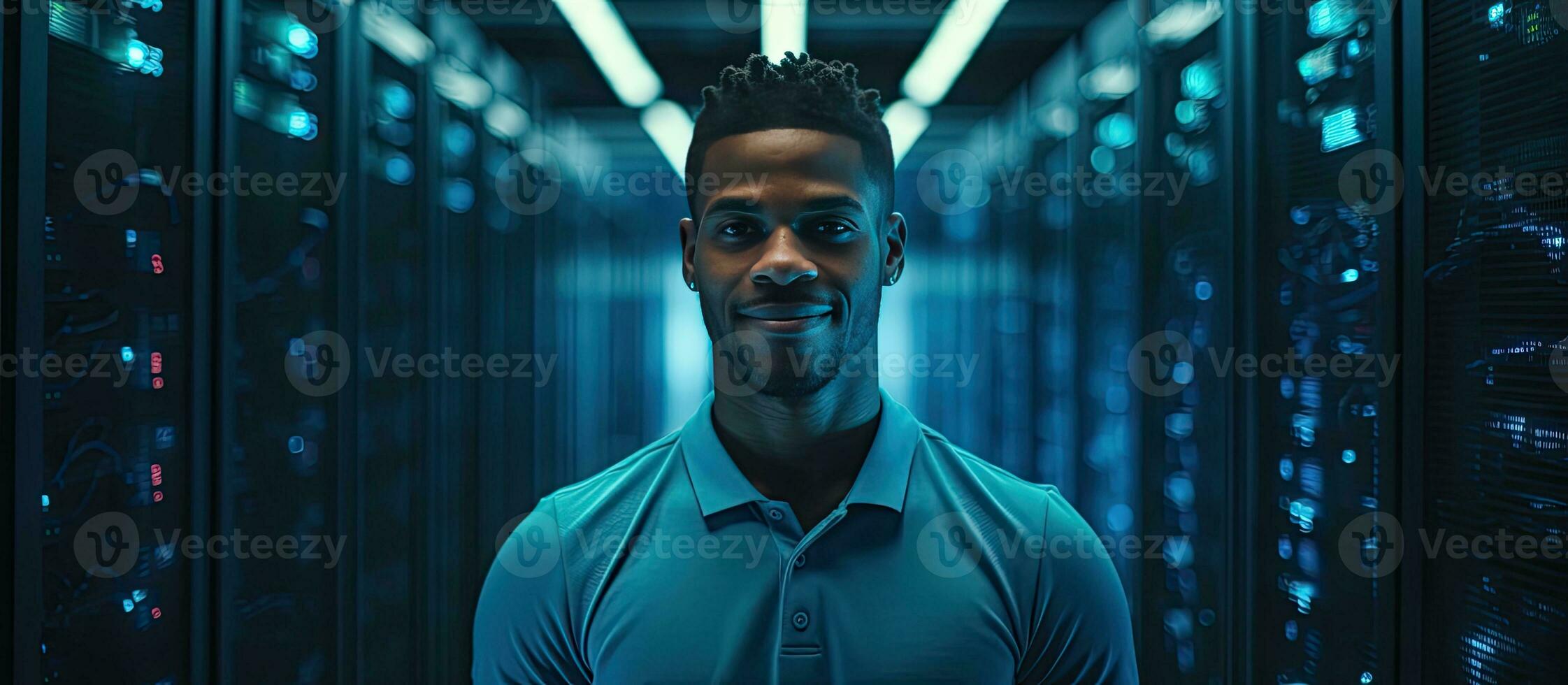 African American data engineer working in server room copy space available photo