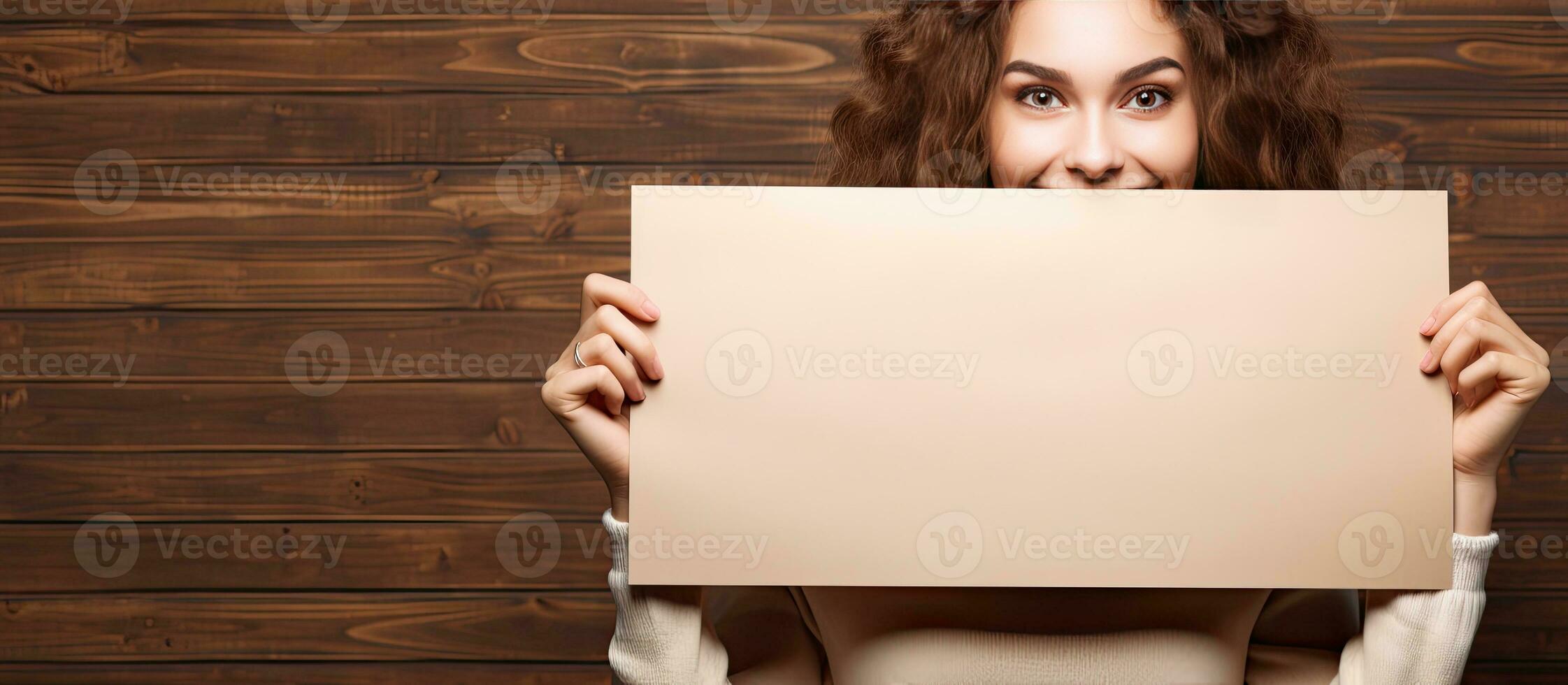 Humorous image of a happy girl with an empty white sign on a brown background photo