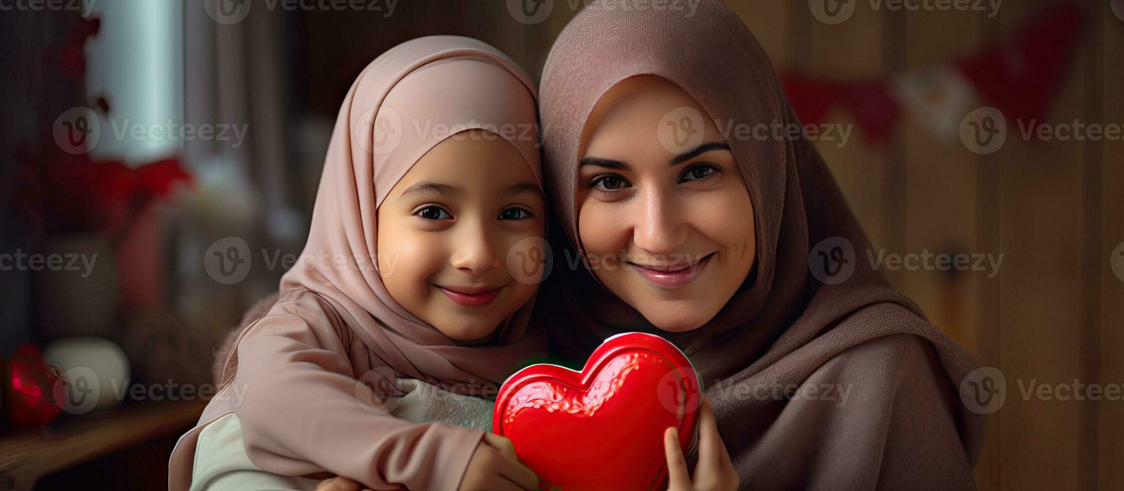 Little girl giving mother a gift heart drawn on greeting card mother wearing hijab happy child hugging mother and smiling at the camera photo
