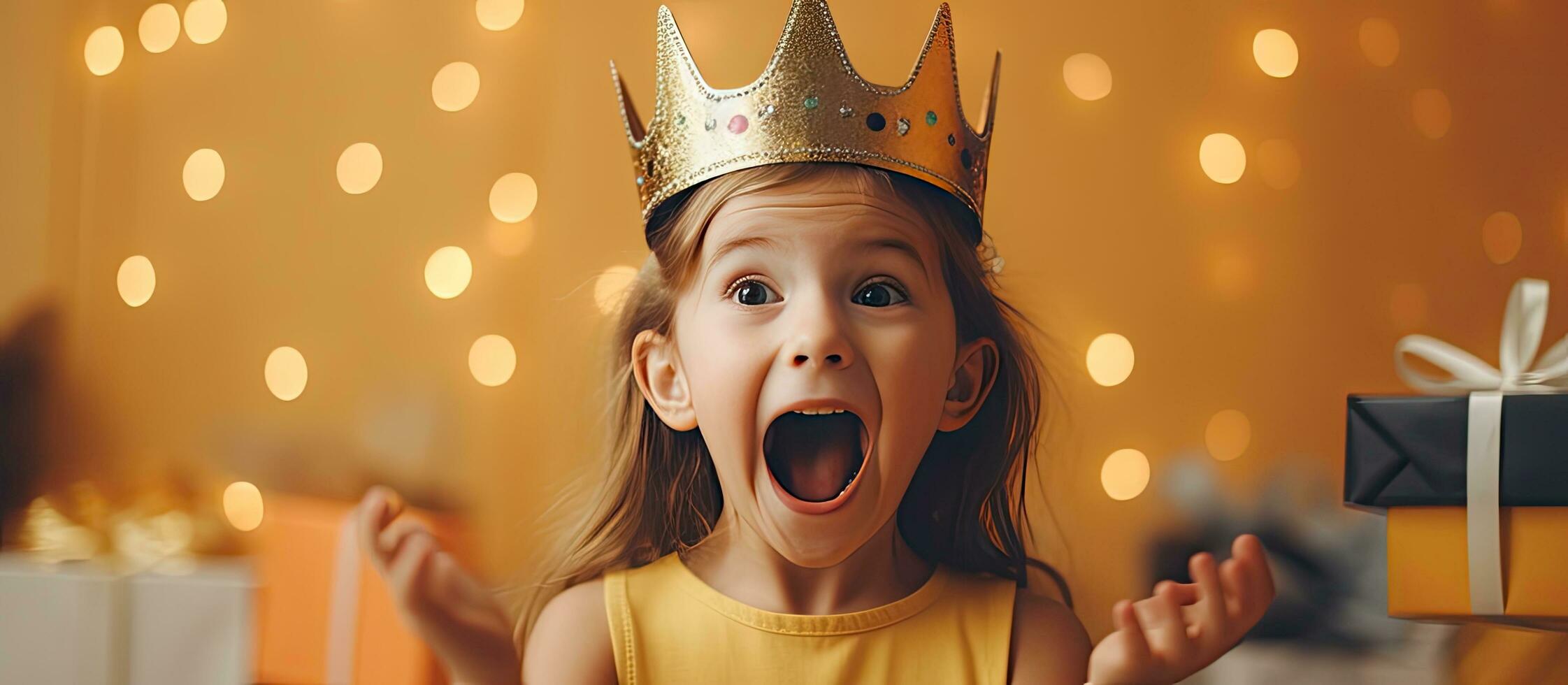 Birthday celebration with joyful child girl wearing a crown sale and discount for holiday shopping retail and party preparations photo