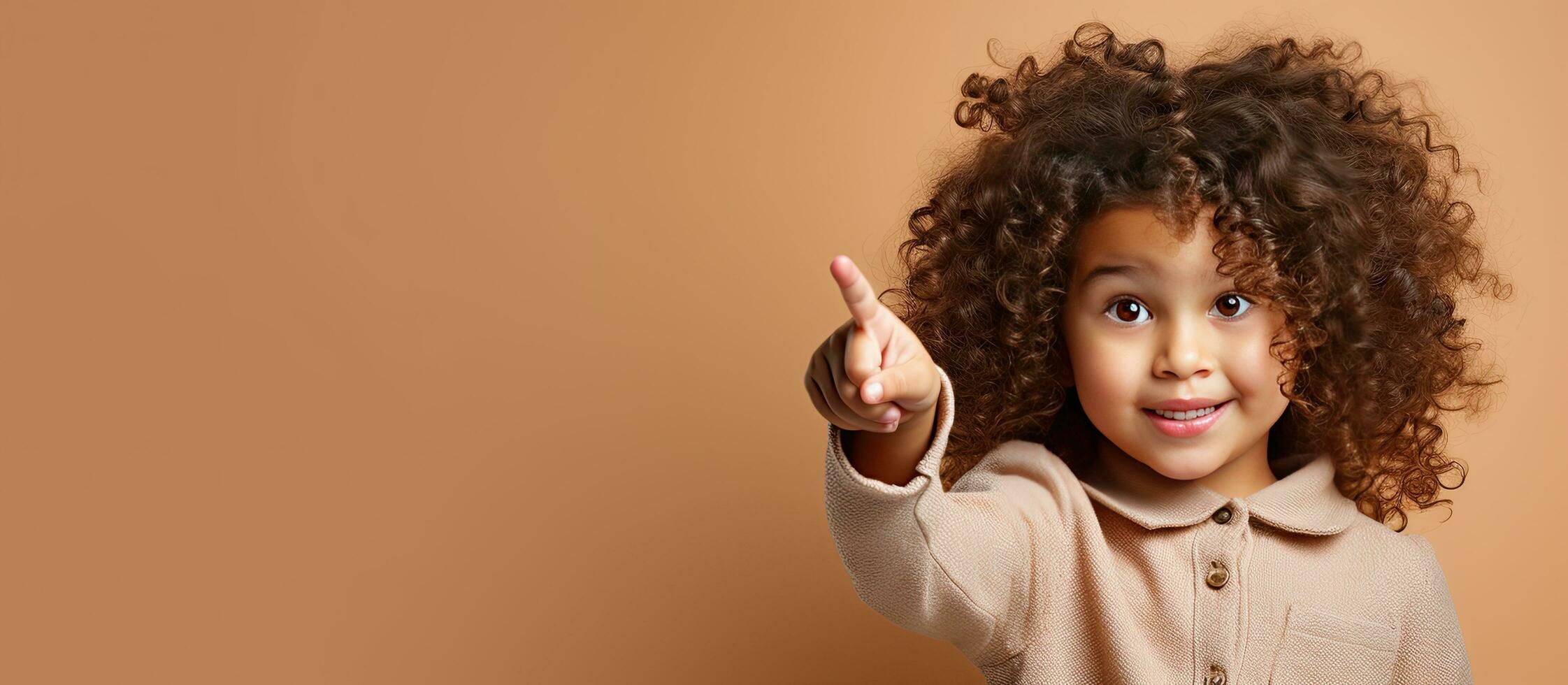 Curly haired girl points sideways with finger Empty area photo