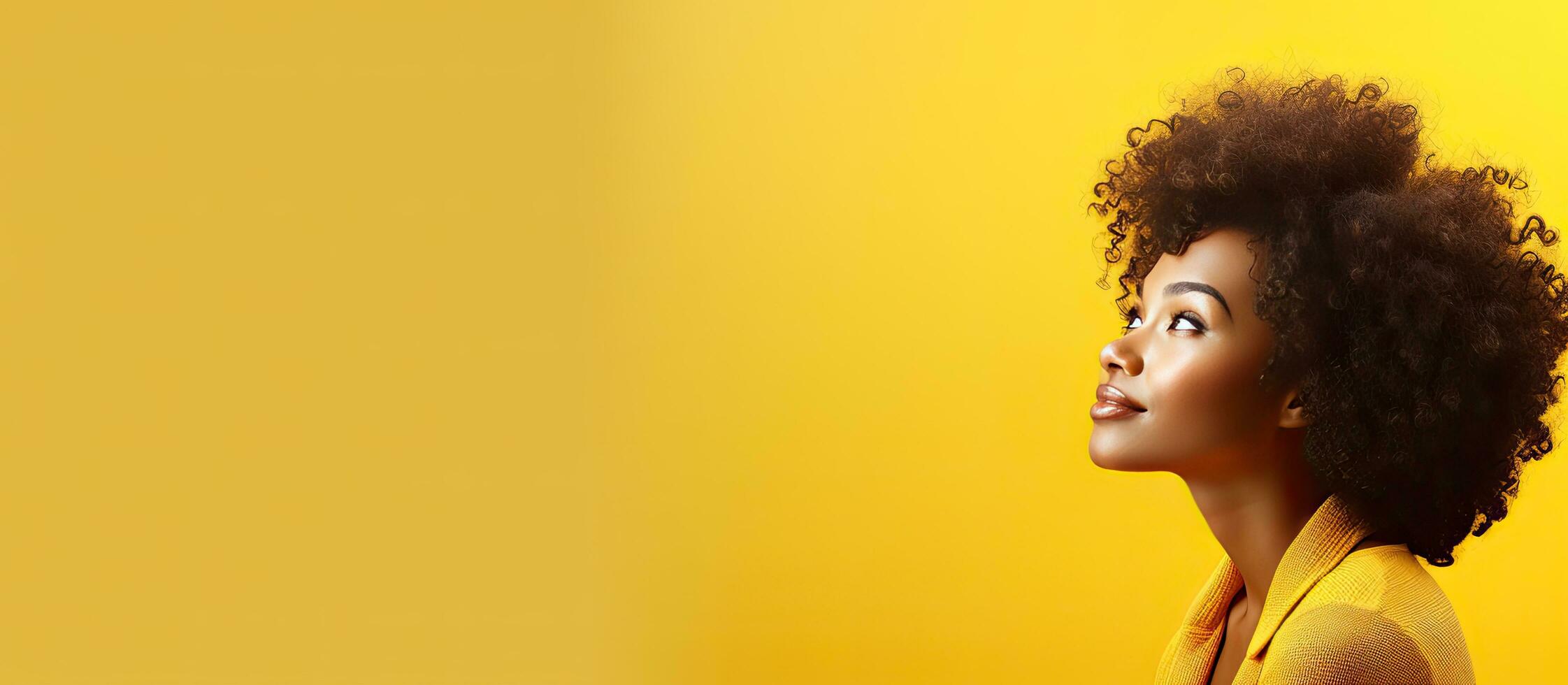 A young black woman glancing at a copy space on a yellow background captivated by captivating information or an appealing offer with room for text or a photo