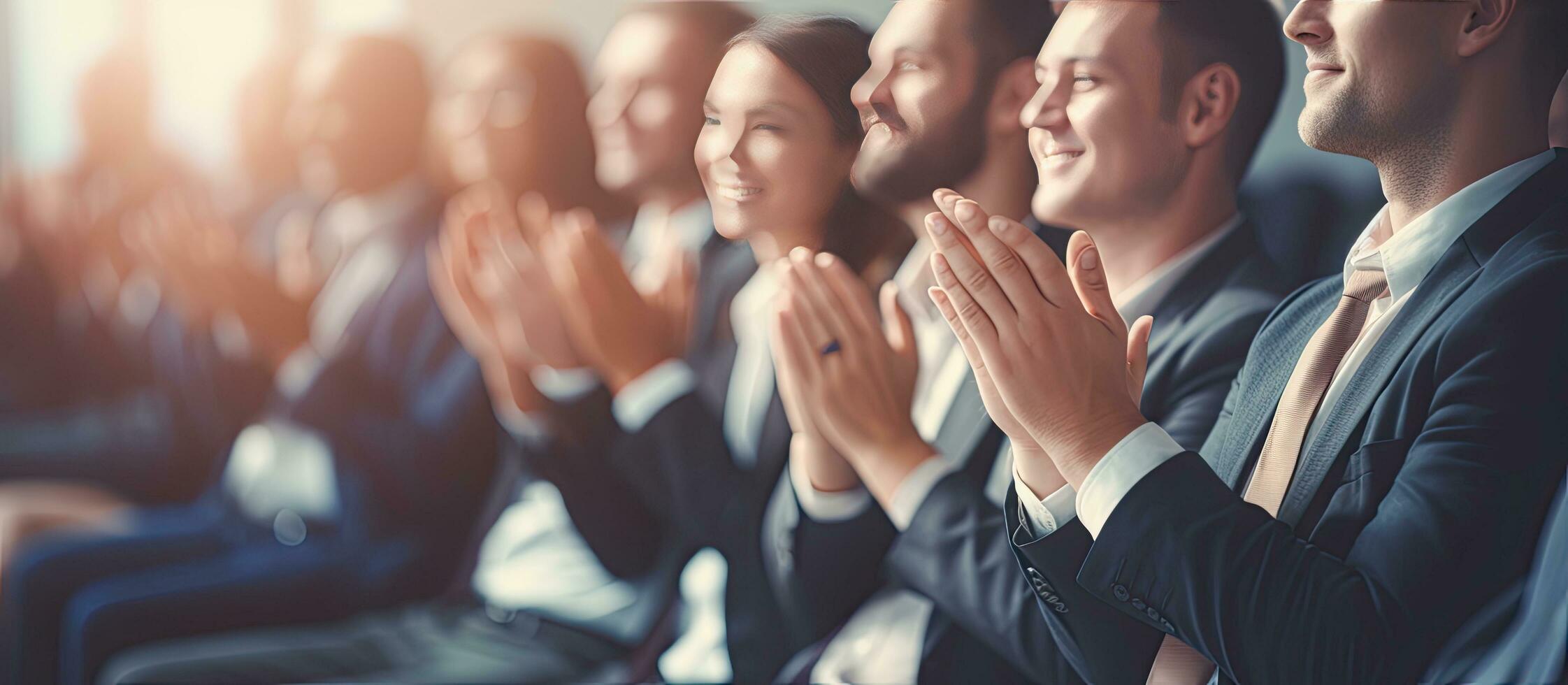 Row of applauding business people with banner background photo