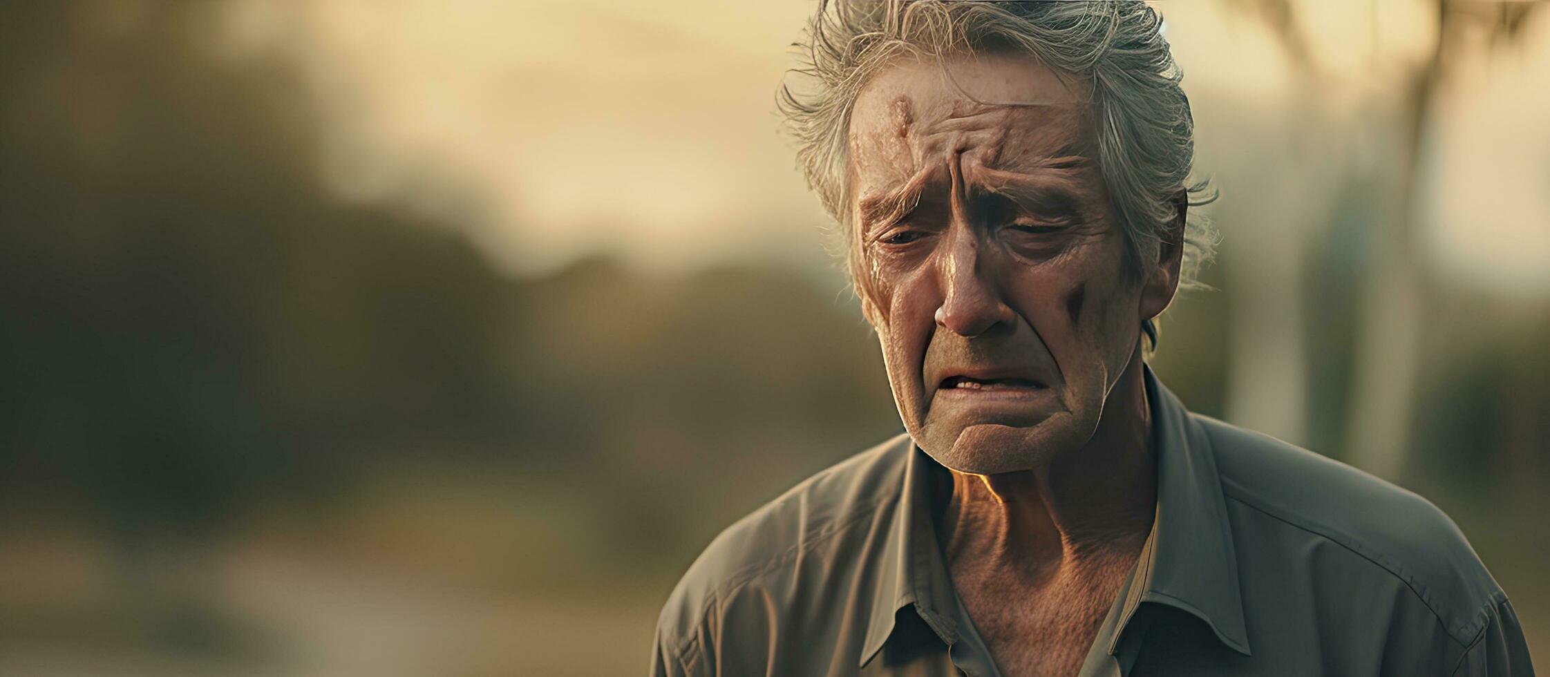 Sad senior man in park with space for copy Portrait depicts stress retirement crisis and health issues photo