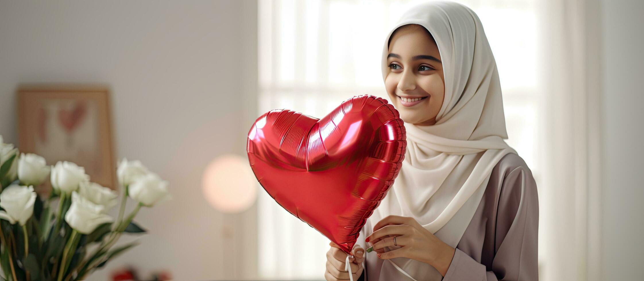 Muslim girl embraces mom with hijab greeting with card and love bonding at home photo