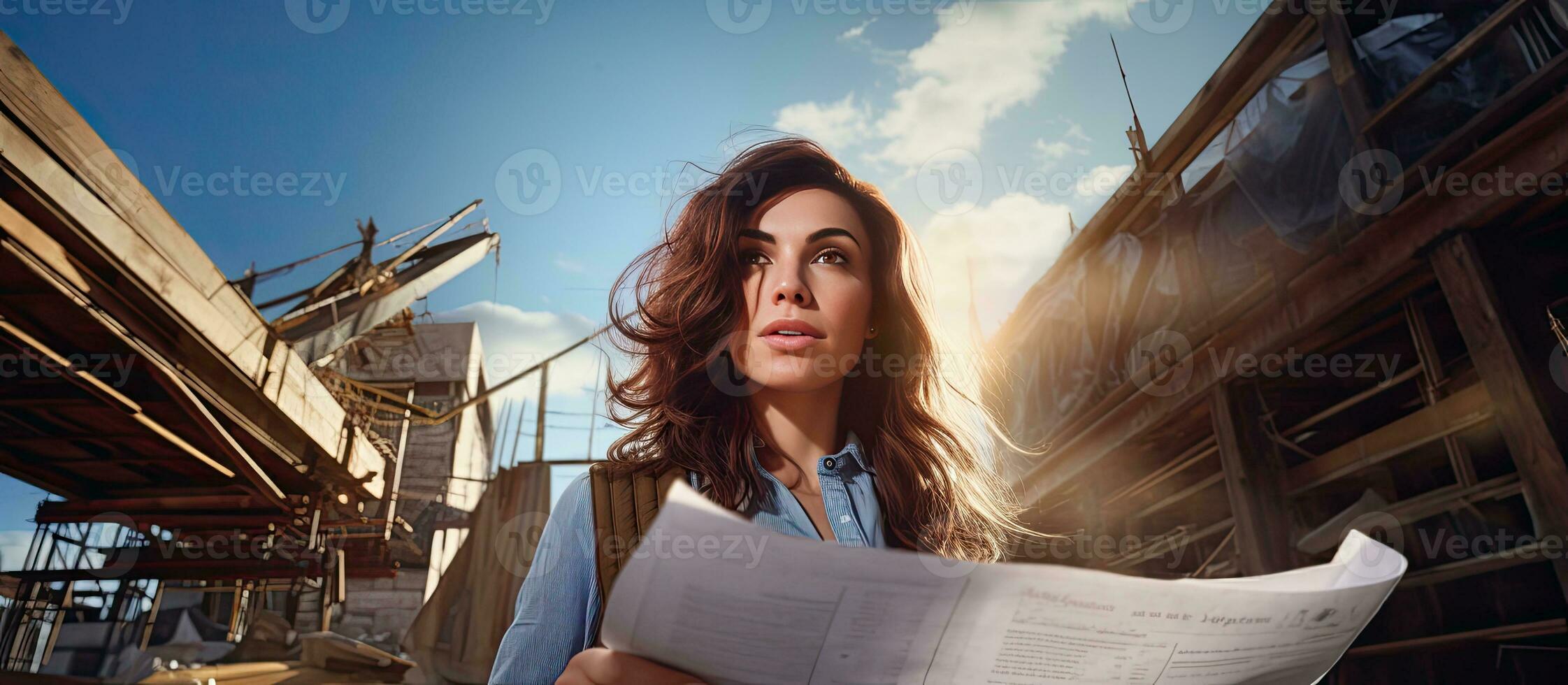 Female engineer inspecting building at construction site with blueprints wide angle portrait copy space photo