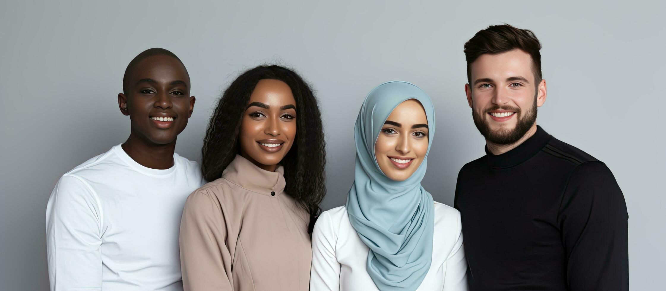 Four young professionals from different backgrounds pose near a grey wall for an ad about the new concept of a diverse workforce photo