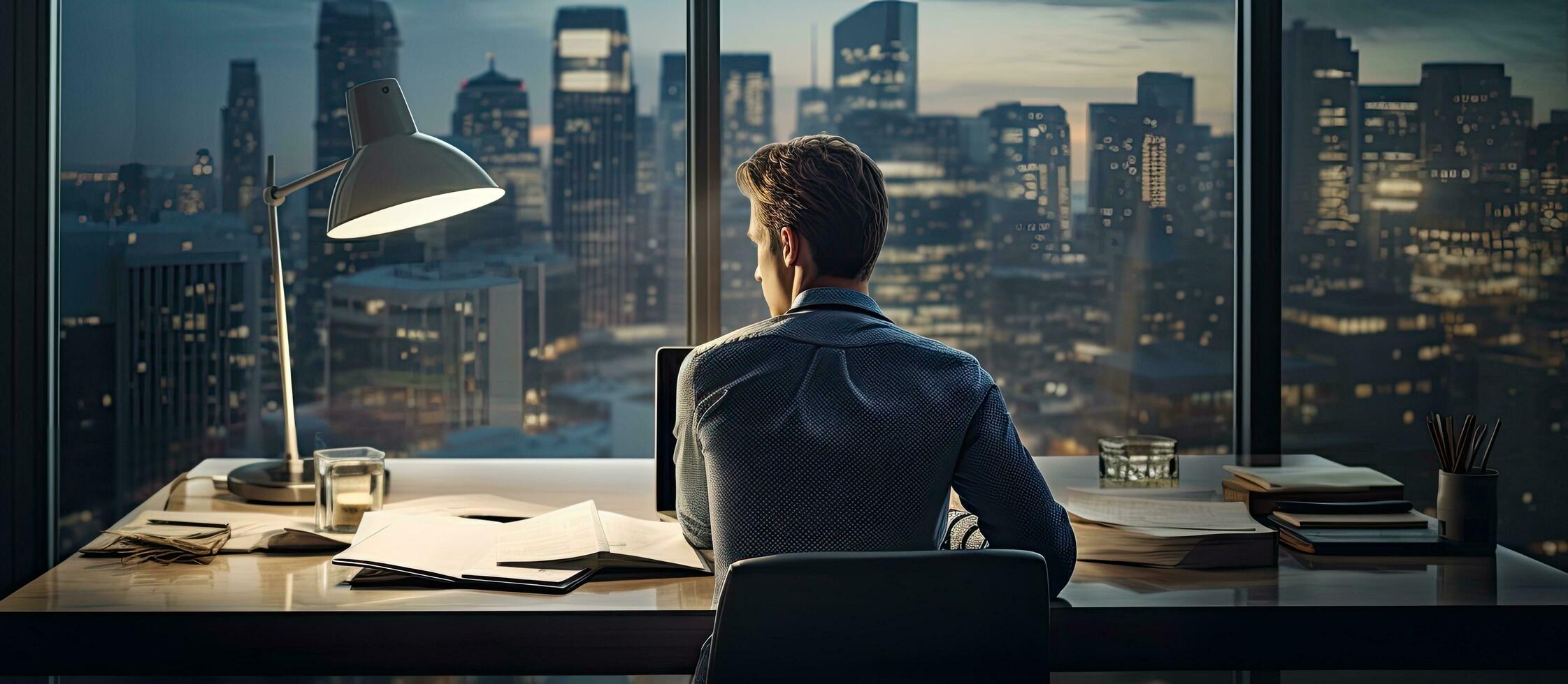 Young businessman sitting at desk in office working on laptop and reviewing documents photo