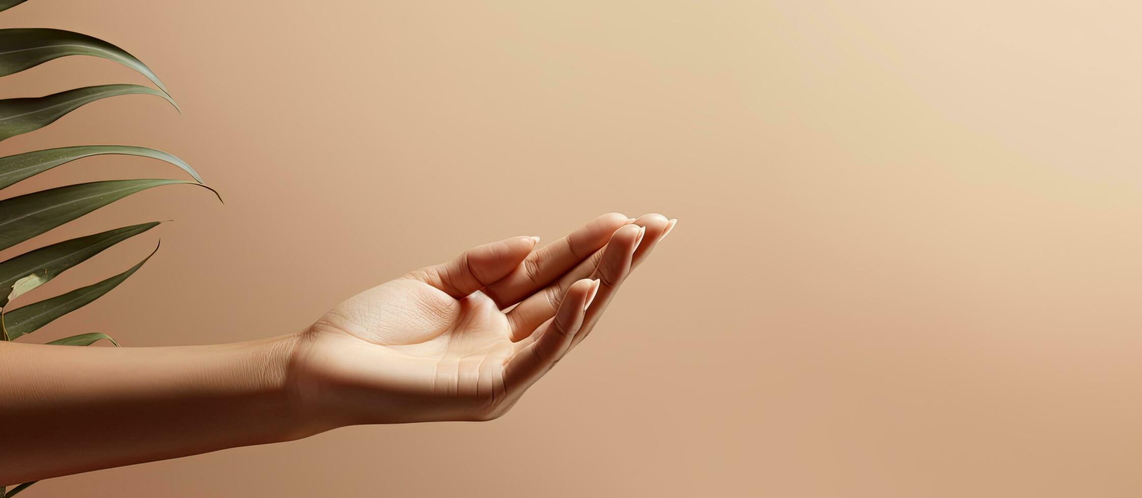 Open empty female hand isolated on cream background with copy space facing upwards for product display photo