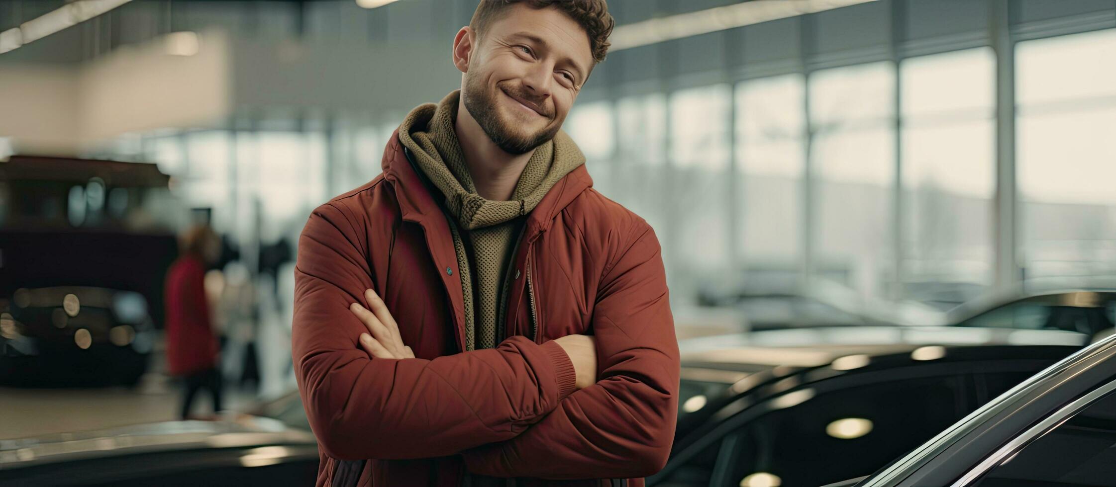 Ecstatic young man embracing new car imagining purchase at showroom Delighted millennial leaning on luxury vehicle at dealership photo