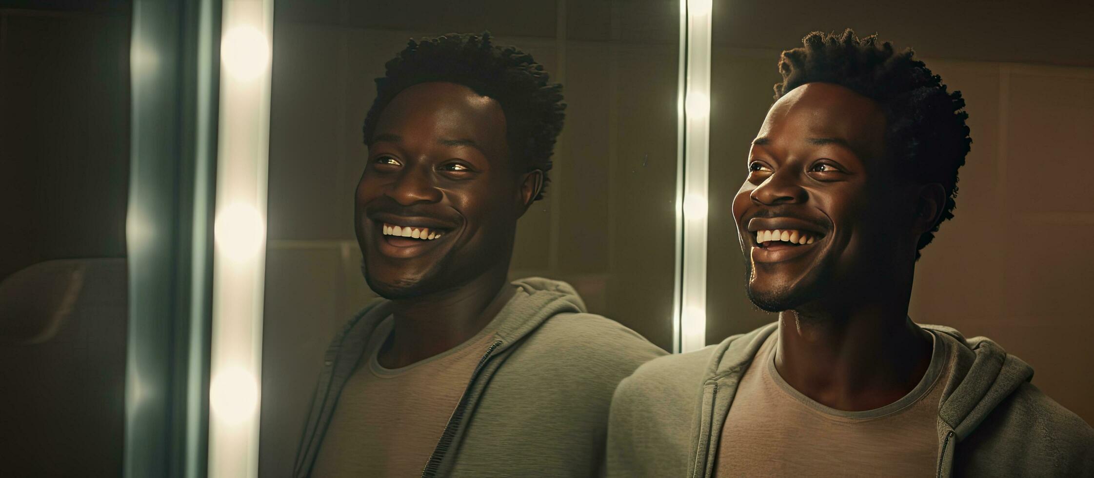 African man looking at his reflection in a bathroom mirror with a smile photo