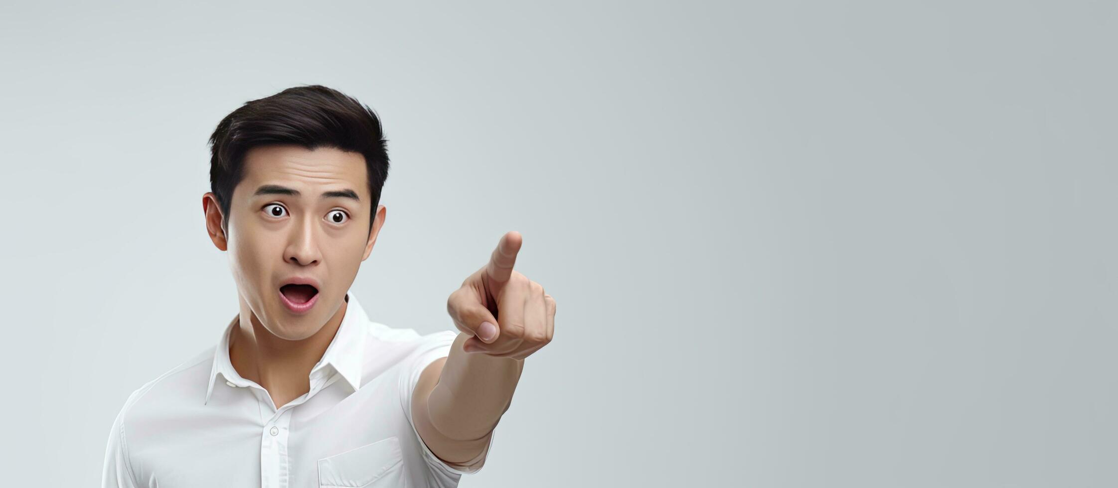 Asian man wearing white shirt is shocked and pointing right with surprise on gray background with space for text photo