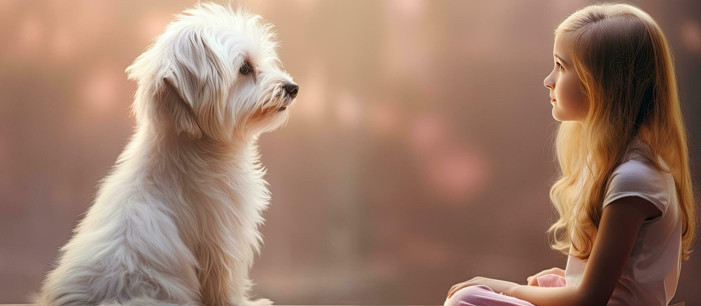 blanco perro esperando para atención y mascotas mirando a niña en lado ver retrato con Copiar espacio foto