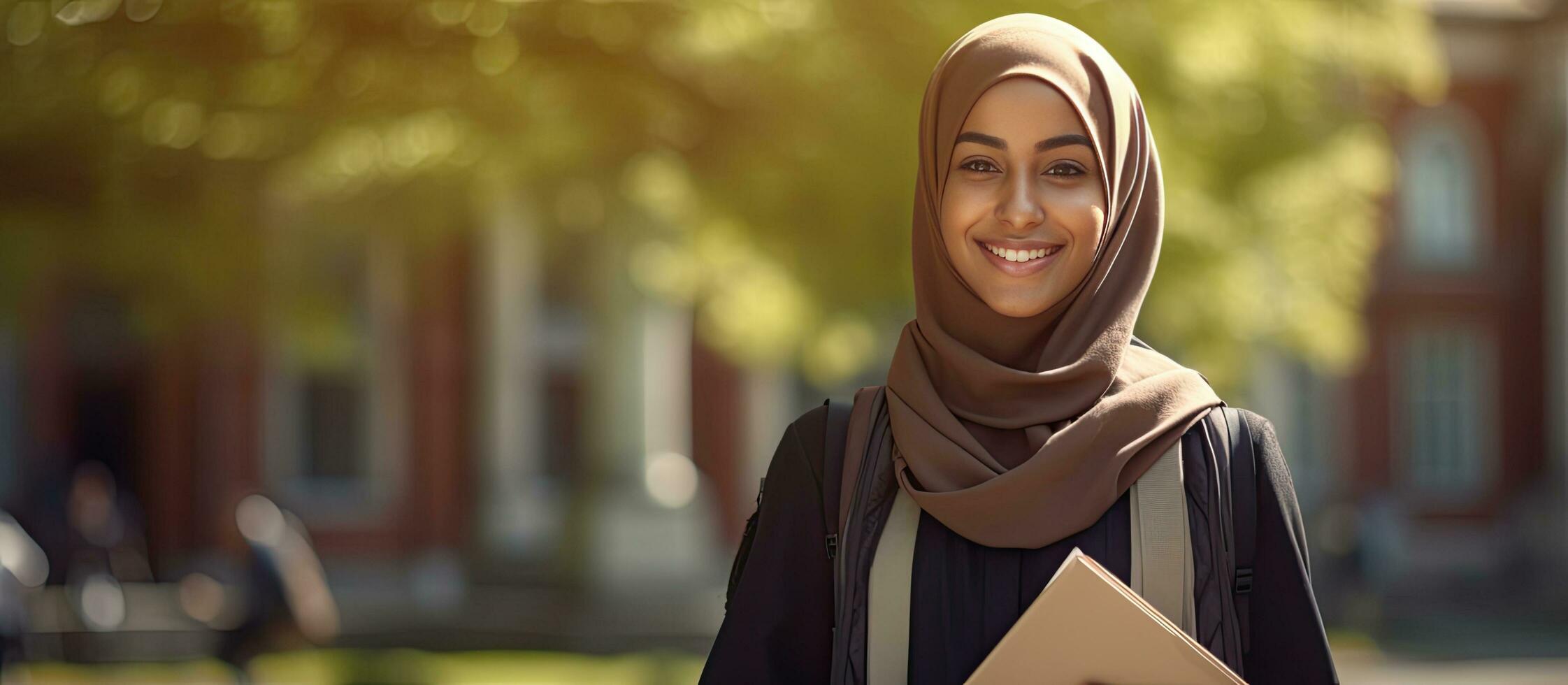 musulmán mujer en educación un hijab vistiendo estudiante posando al aire libre con libros y un mochila disfrutando gratis hora en instalaciones foto