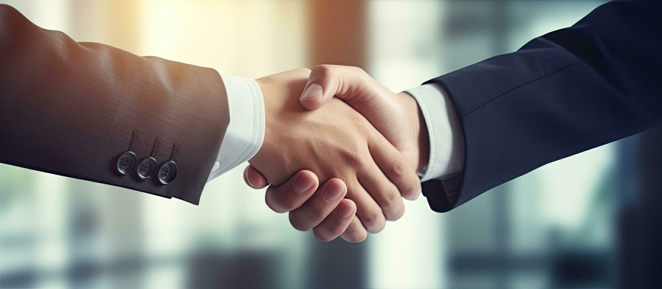 Two young professionals both Caucasian shaking hands in a modern office with colleagues Symbolizes partnership and communication Successful job collabo photo