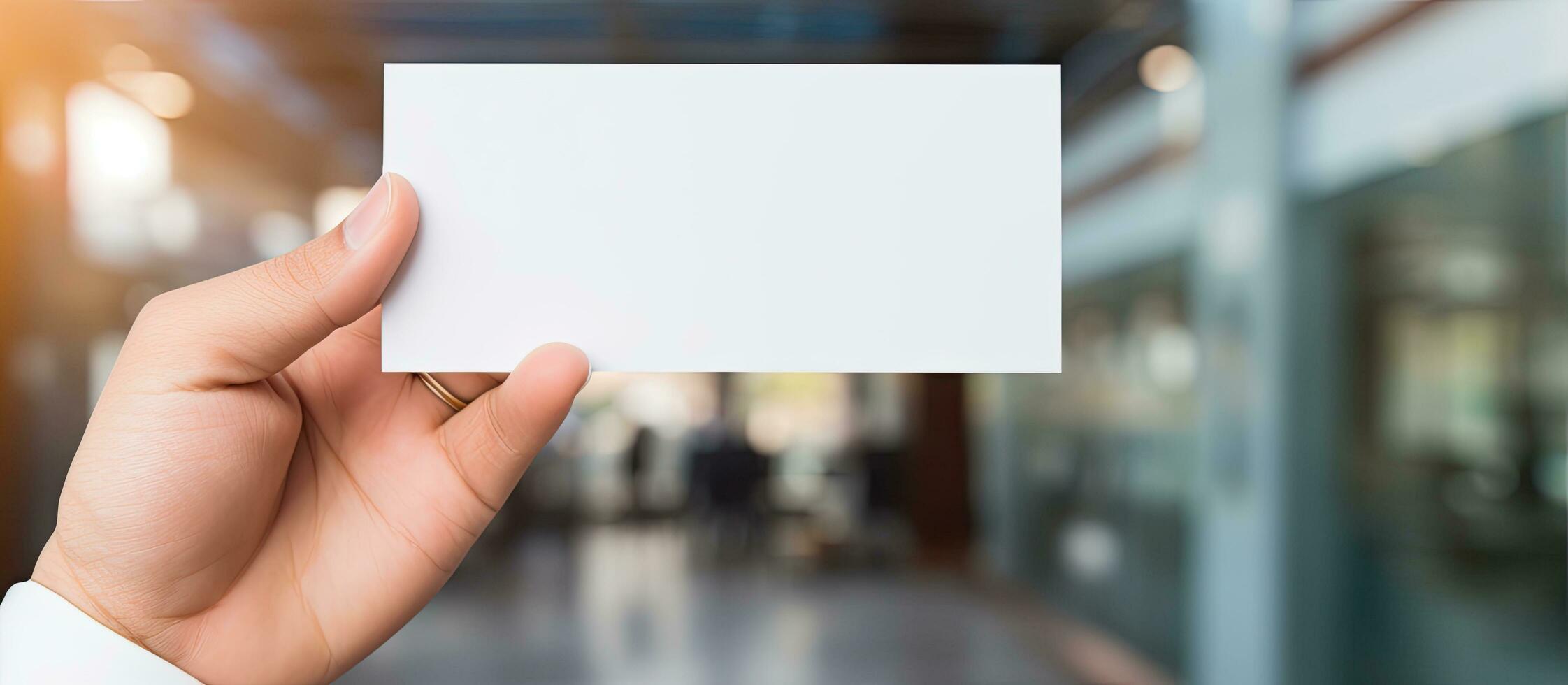 Female manager showcasing blank business card for advertising focusing on its potential photo