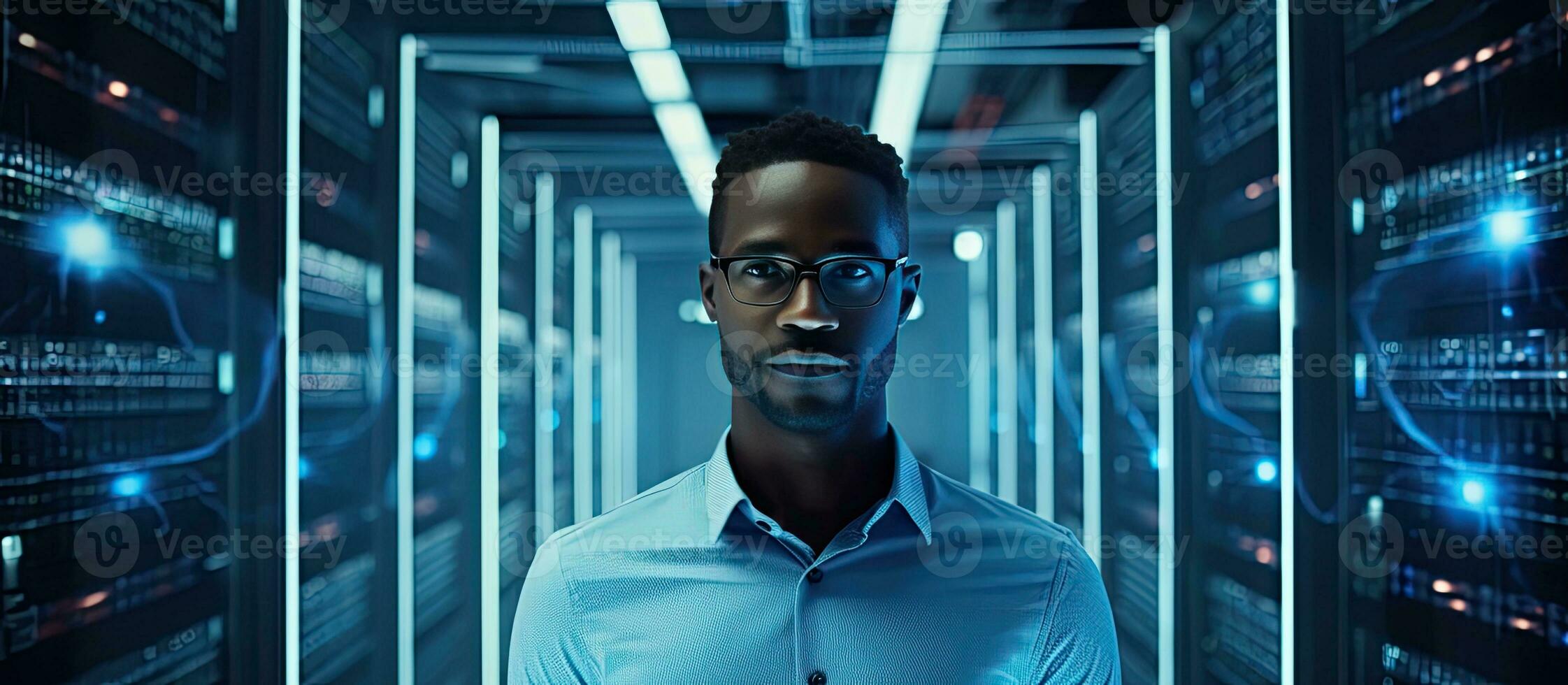 African American data engineer working in server room copy space available photo