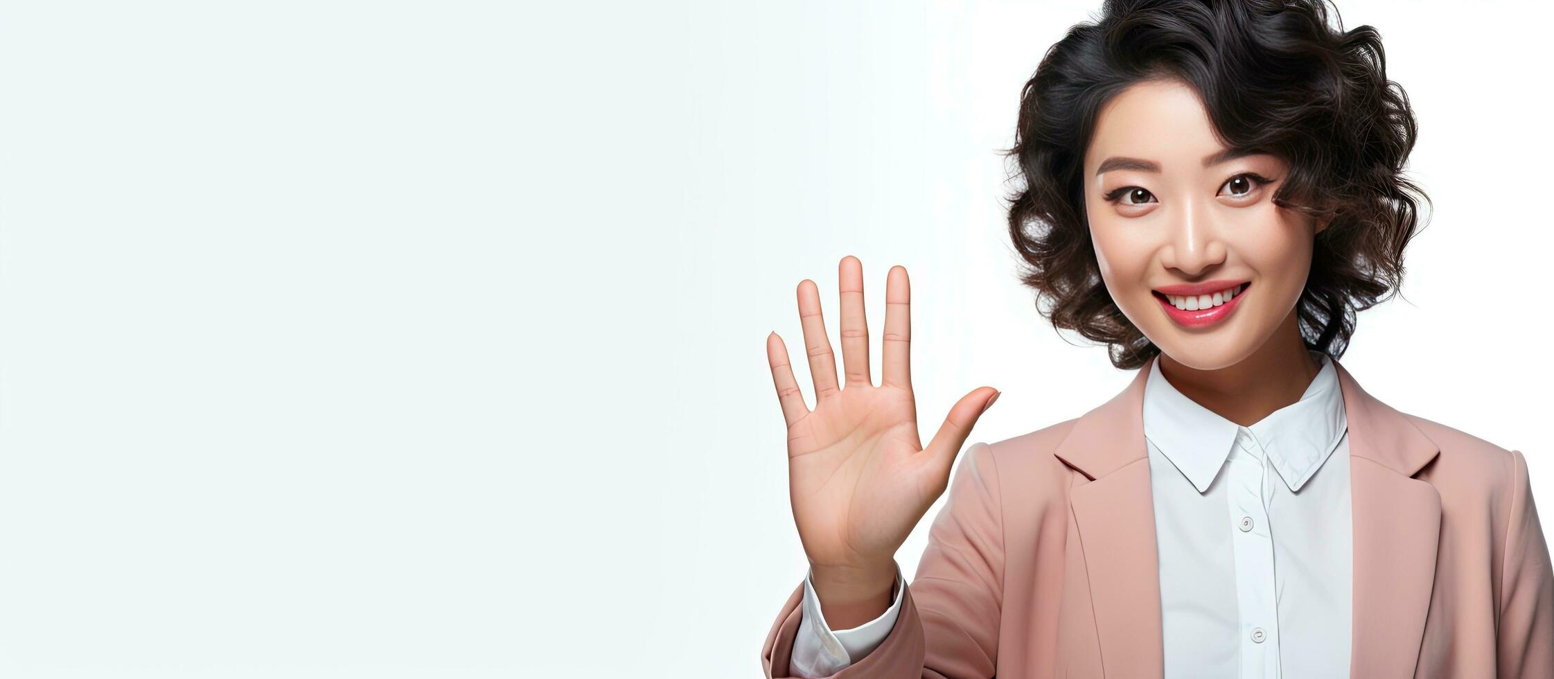 Asian woman displaying an open hand prompt with room for product on white backdrop photo