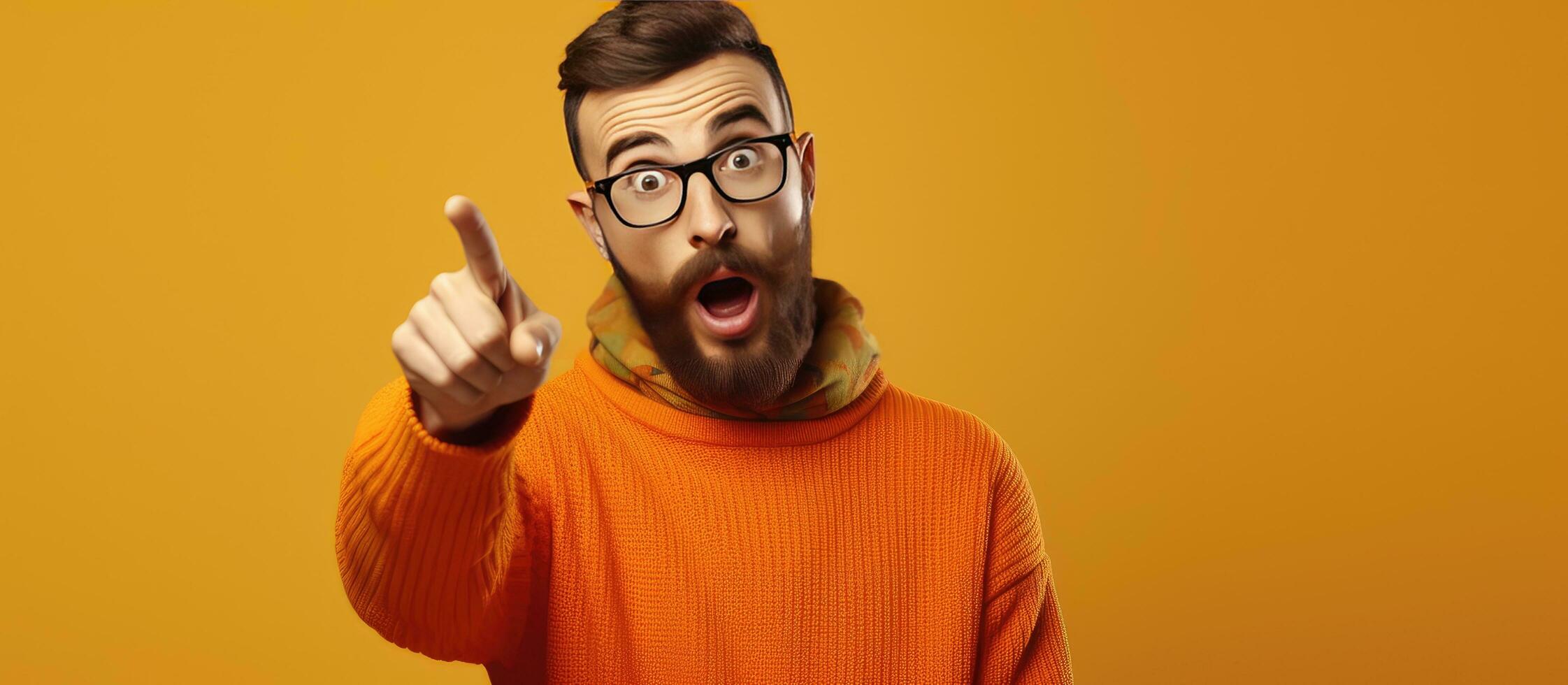 Shocked hipster guy in casual outfit pointing aside offering huge sale on orange studio background for banner design photo