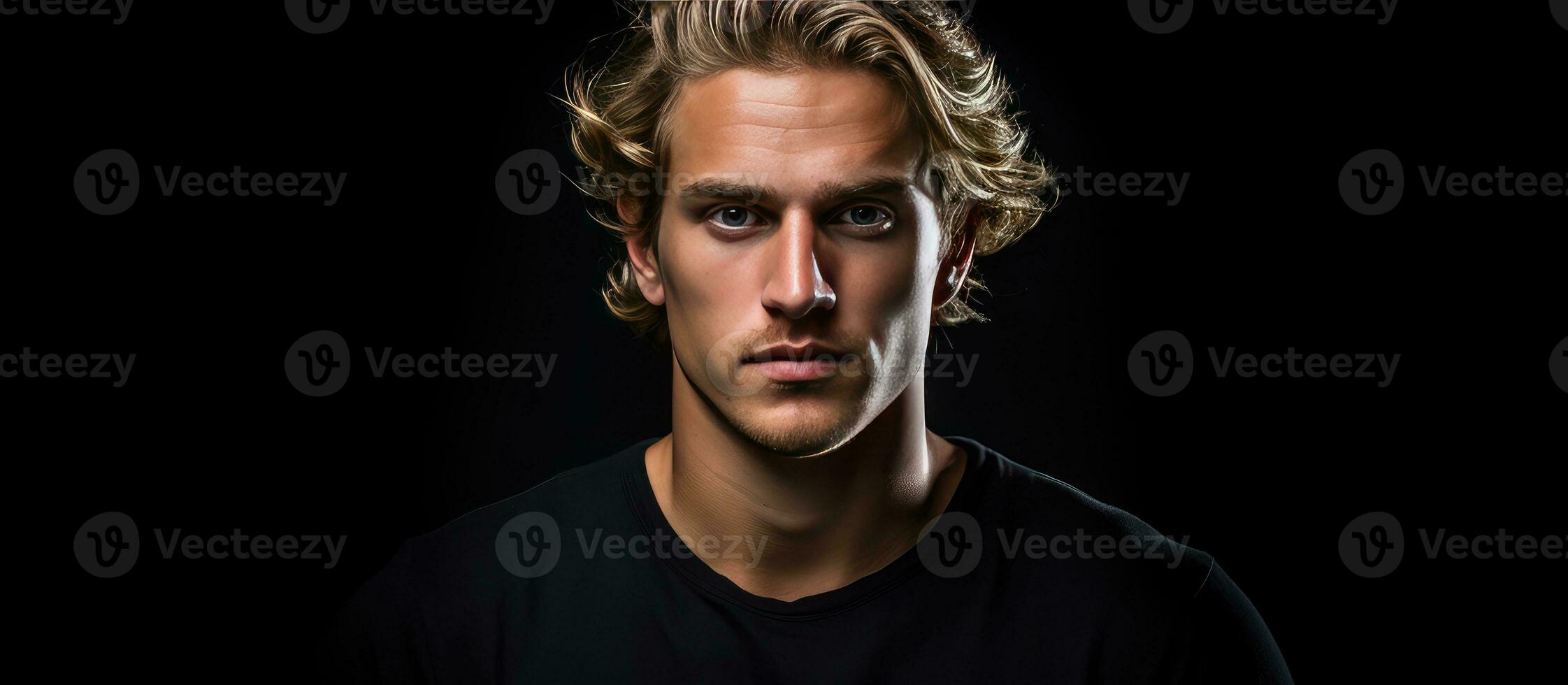 Blonde handsome young man with pale complexion dark shirt looking at camera Black background room for text photo