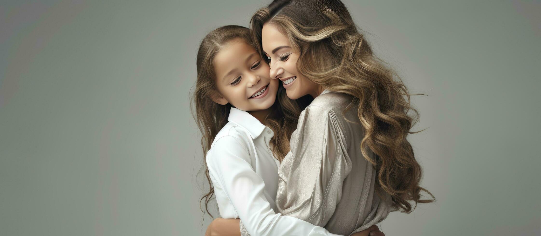 Joyful mother and daughter hugging wearing jeans and white blouses in isolation on a gray background photo