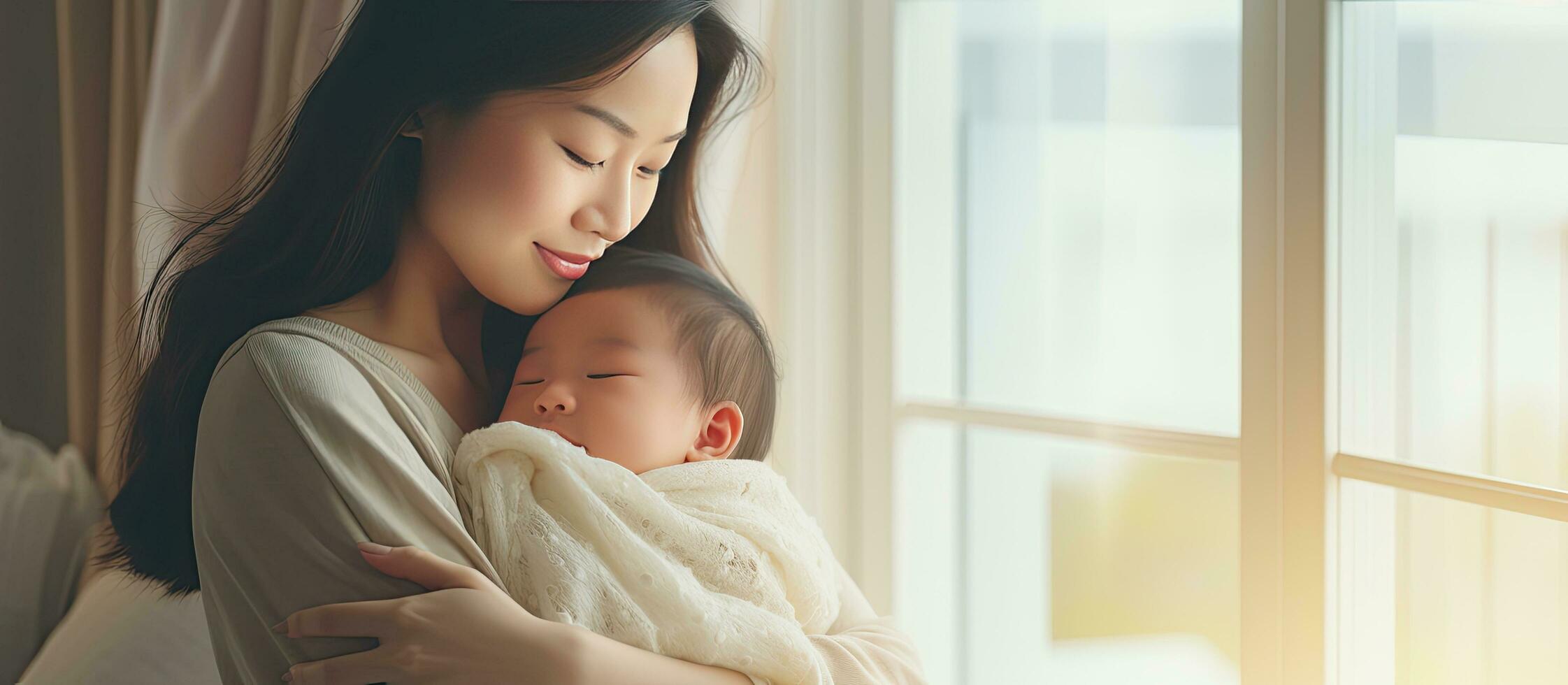 contento asiático madre participación soñoliento infantil por ventana a hogar bebé abrazado en padre s brazos madre conmovedor bebé a dormir foto