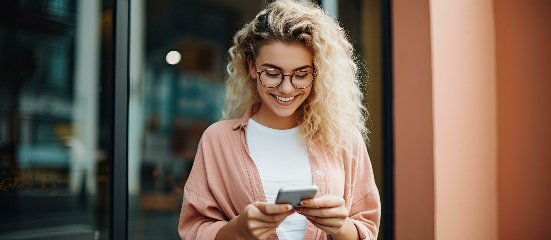 A Caucasian woman is smiling while sending a message on her smartphone in front of a promotional background She is a positive trendy girl blogging on s photo