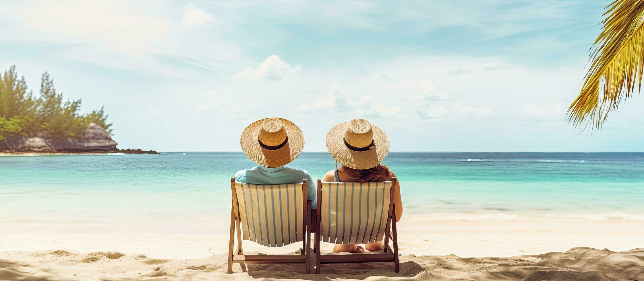 A couple in hats admires the turquoise ocean from a tropical beach on their summer vacation photo